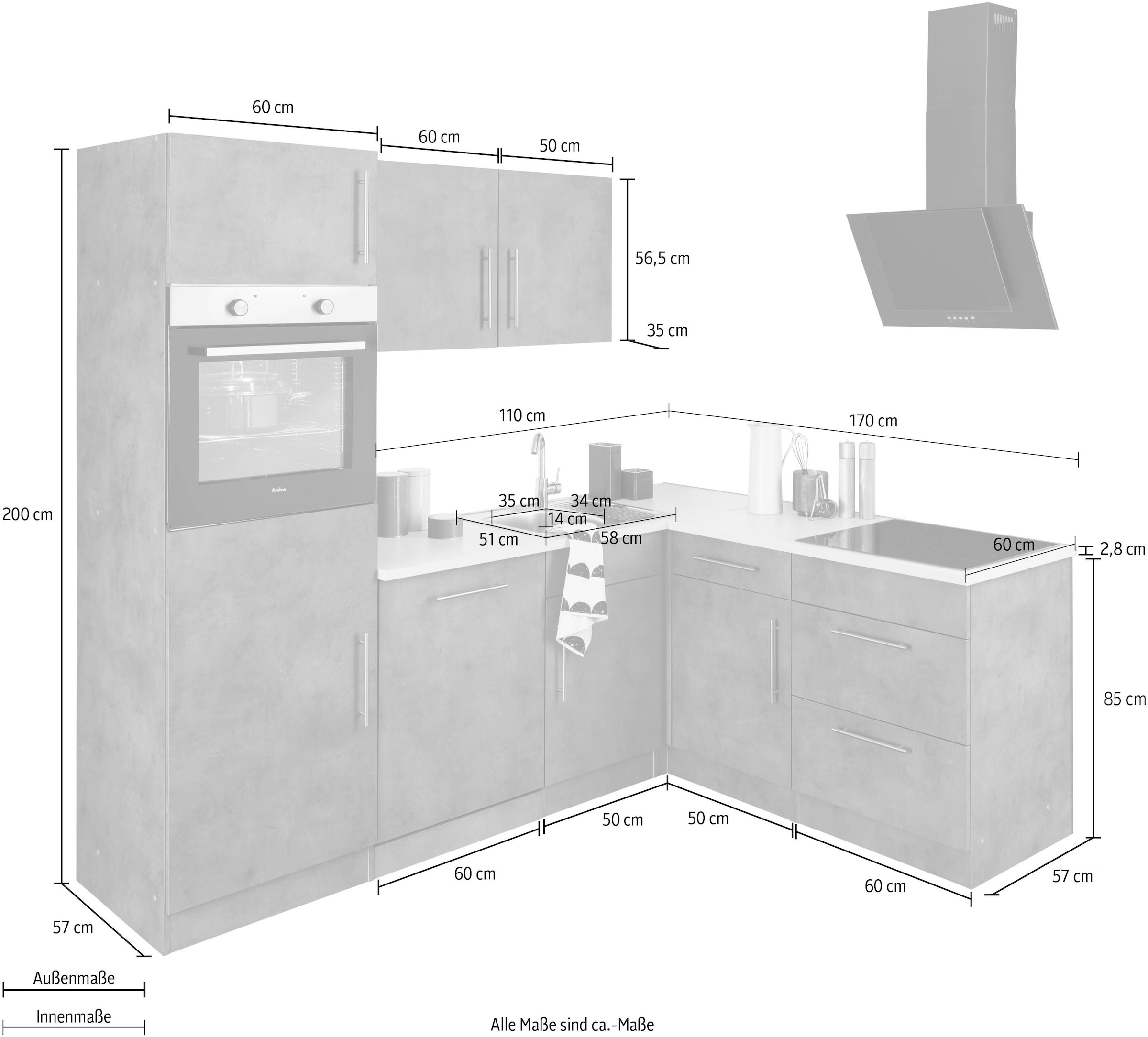 Küchen ohne E-Geräte, »Cali«, 170 entdecken wiho Stellbreite ❤ cm x Shop im 230 Jelmoli-Online Winkelküche