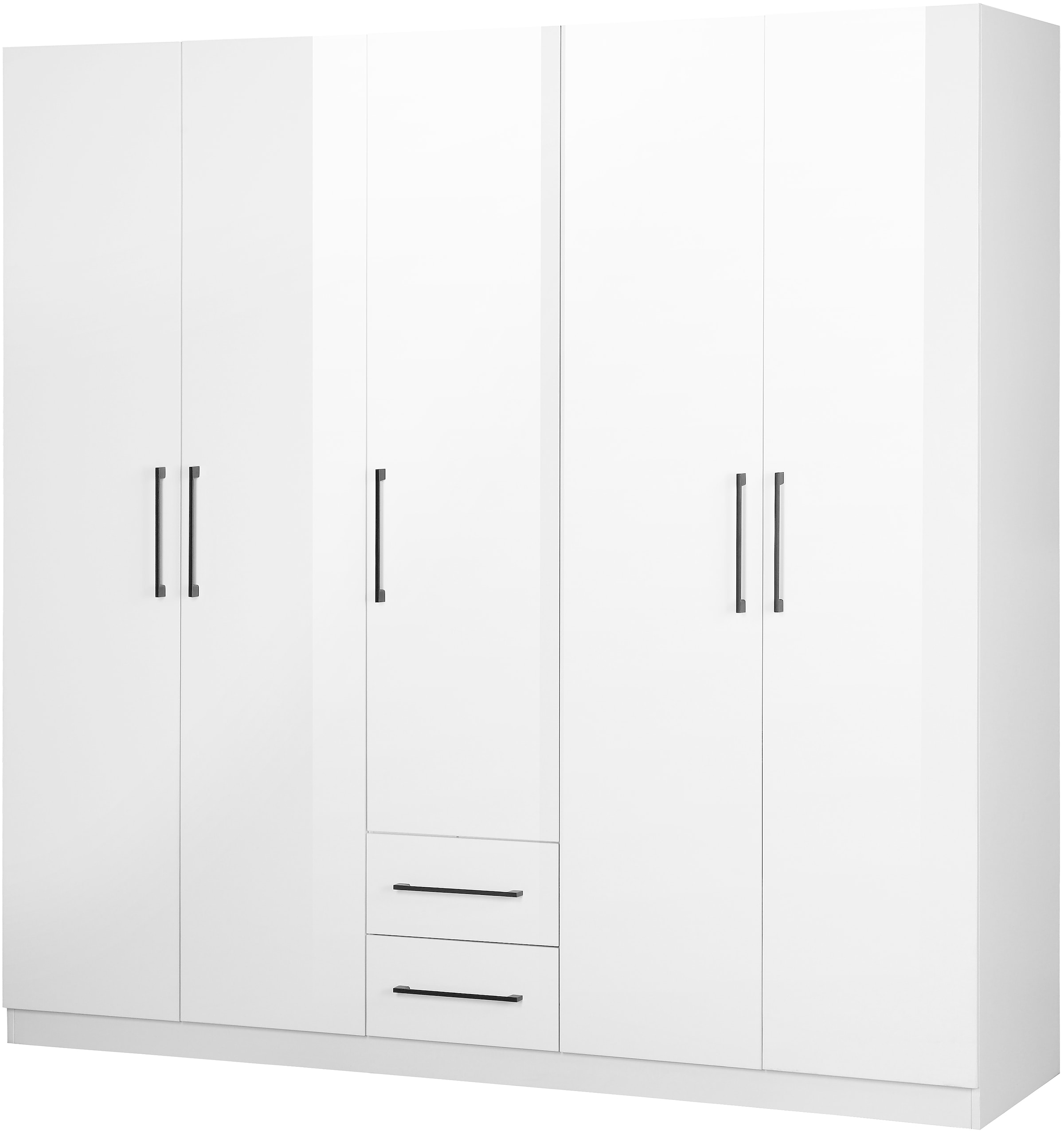 GOODproduct Kleiderschrank »Sylt Schlafzimmerschrank Garderobe Schrank TOPSELLER in hochglanz weiss« 5 Türen, 2 Schubladen, schwarze moderne Griffe, 7 Einlegeböden, Drehtürenschrank mit perfekter Innenausstattung, Breite 200cm