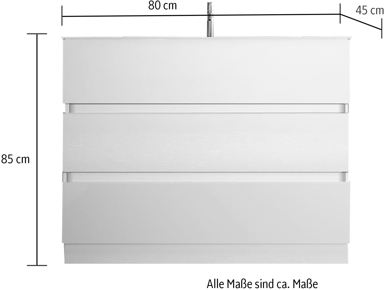 welltime Waschtisch »Start, Breite 80 cm, 2 bzw. 3 Schubkästen«, Badmöbel, Soft-Close, Keramik-Einsatzbecken, Weiss Hochglanz Lack