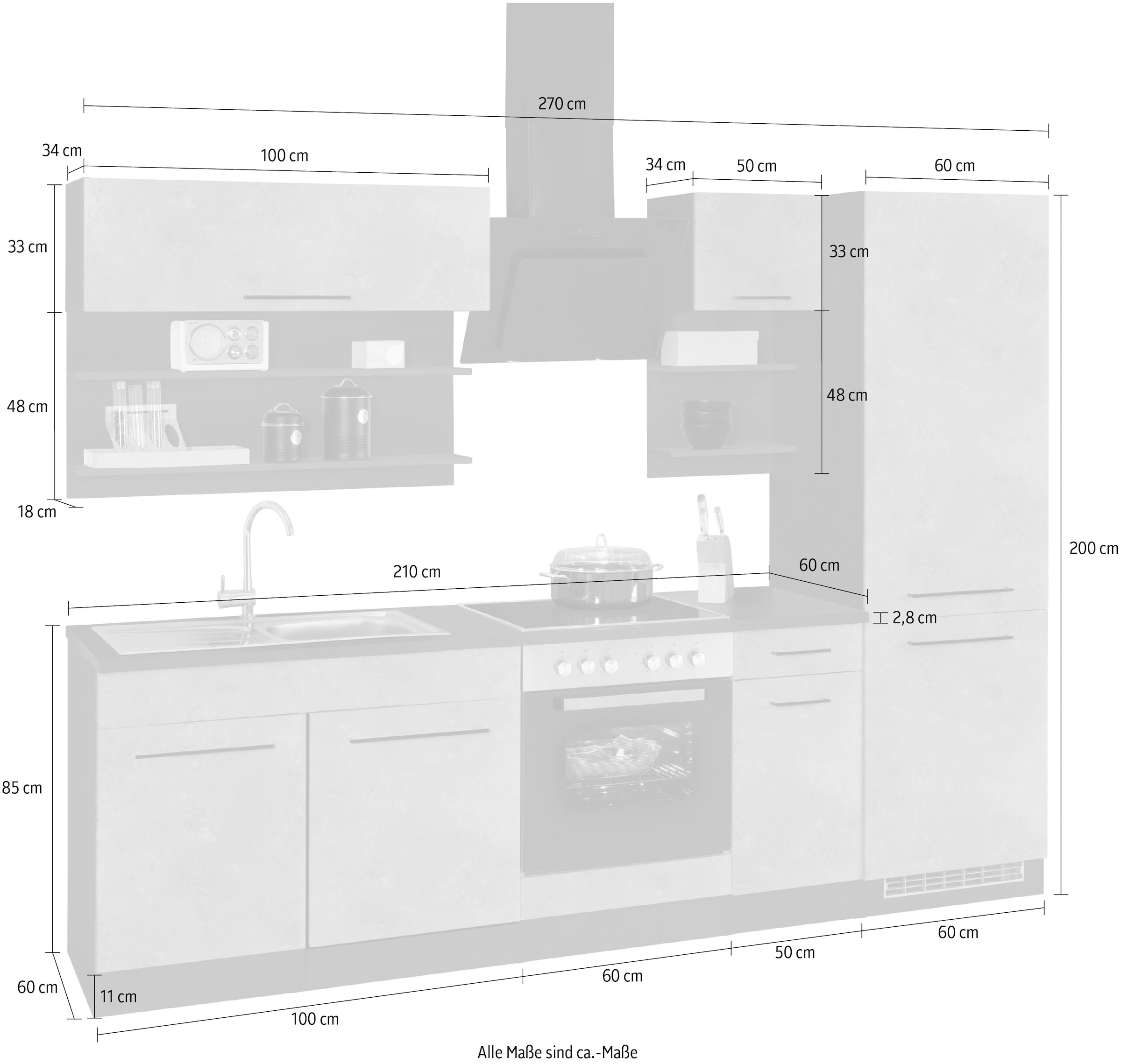 KOCHSTATION Küchenzeile »KS-Tulsa«, ohne E-Geräte, Breite 270 cm, schwarze Metallgriffe, MDF Fronten