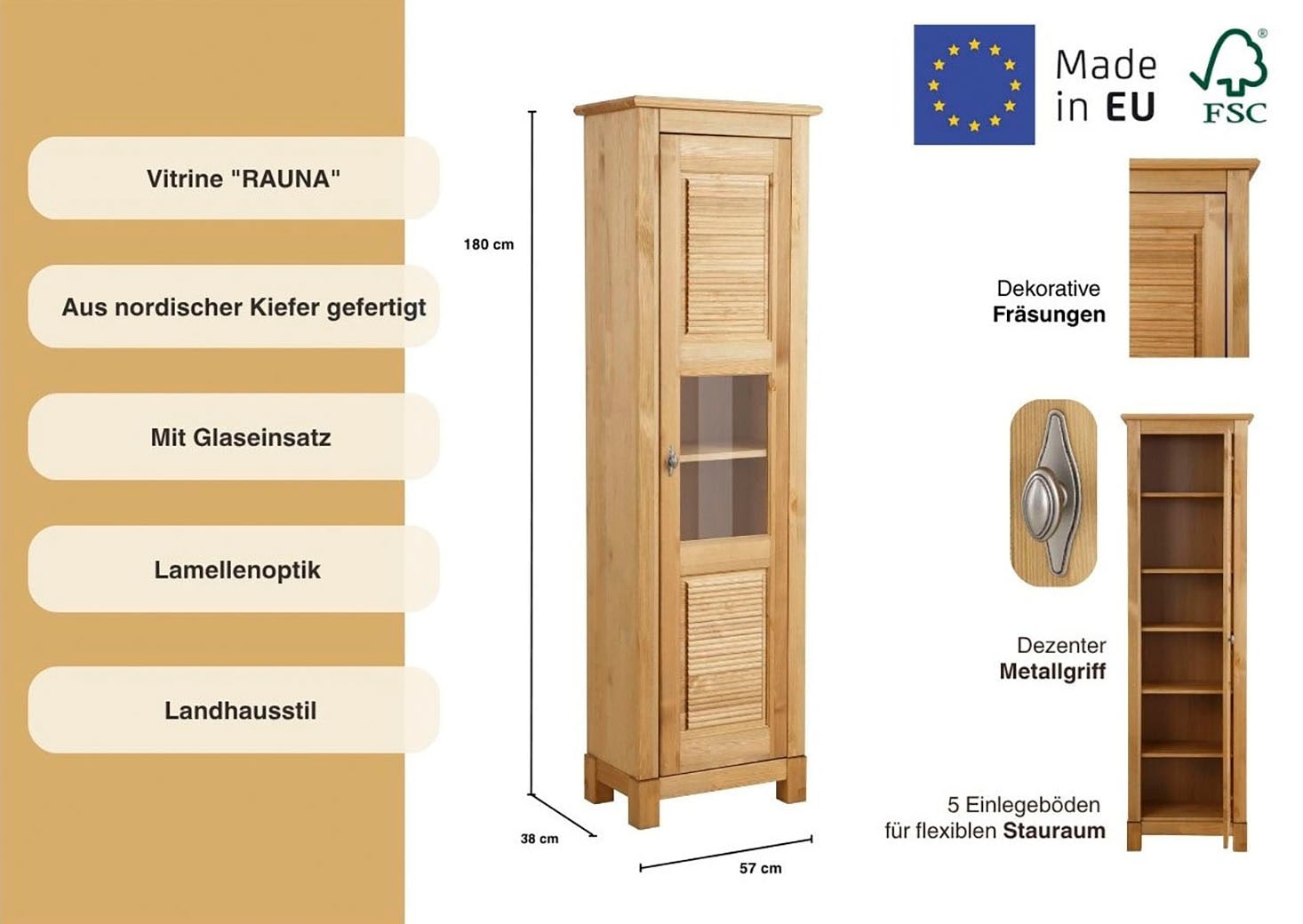 Home affaire Vitrine »Rauna«, Höhe 180 cm, aus massiver Kiefer