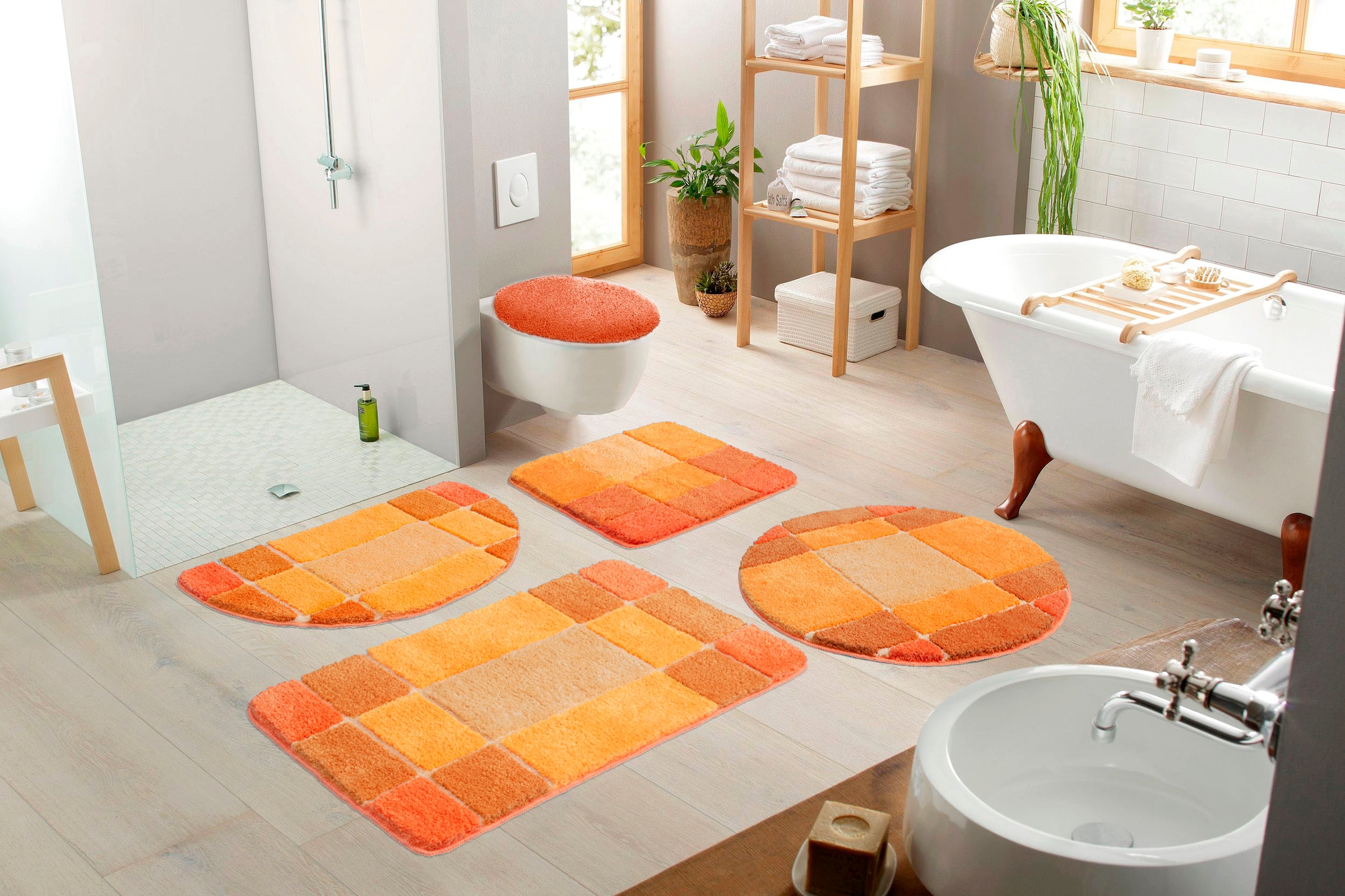 my home Badematte »Pia«, rutschhemmend beschichtet, strapazierfähig-fussbodenheizungsgeeignet-schnell trocknend, Badteppich, karierte Badematten, rechteckig, rund & als 3-tlg. Set