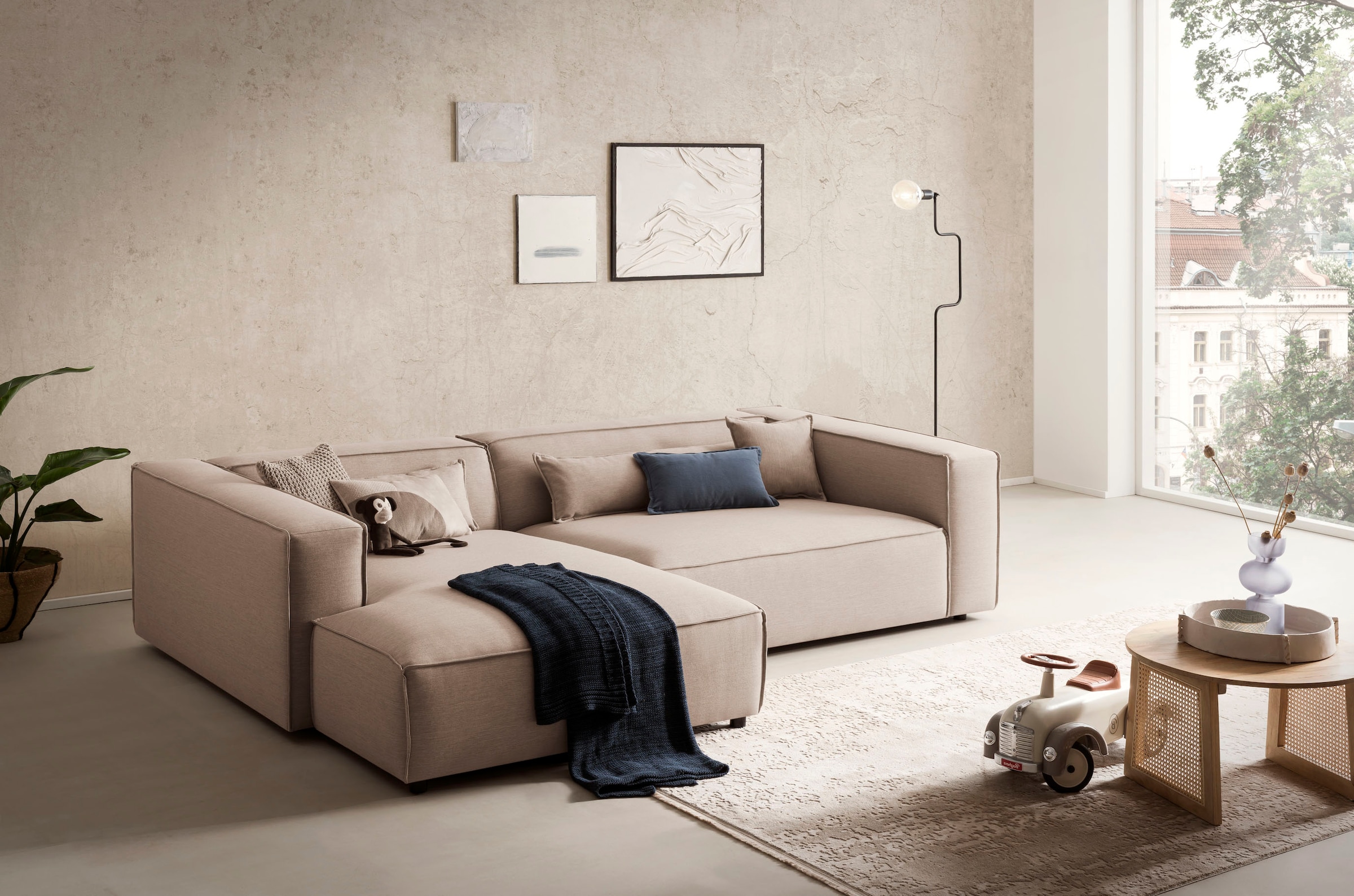 LeGer Home by Lena Gercke Ecksofa »PIARA XXL, Big-Sofa in Cord oder Leinenoptik, L-Form, mit Kedernaht«, wahlweise Ottomane rechts/links, schwarze Füsse, extra tiefe Sitzfläche