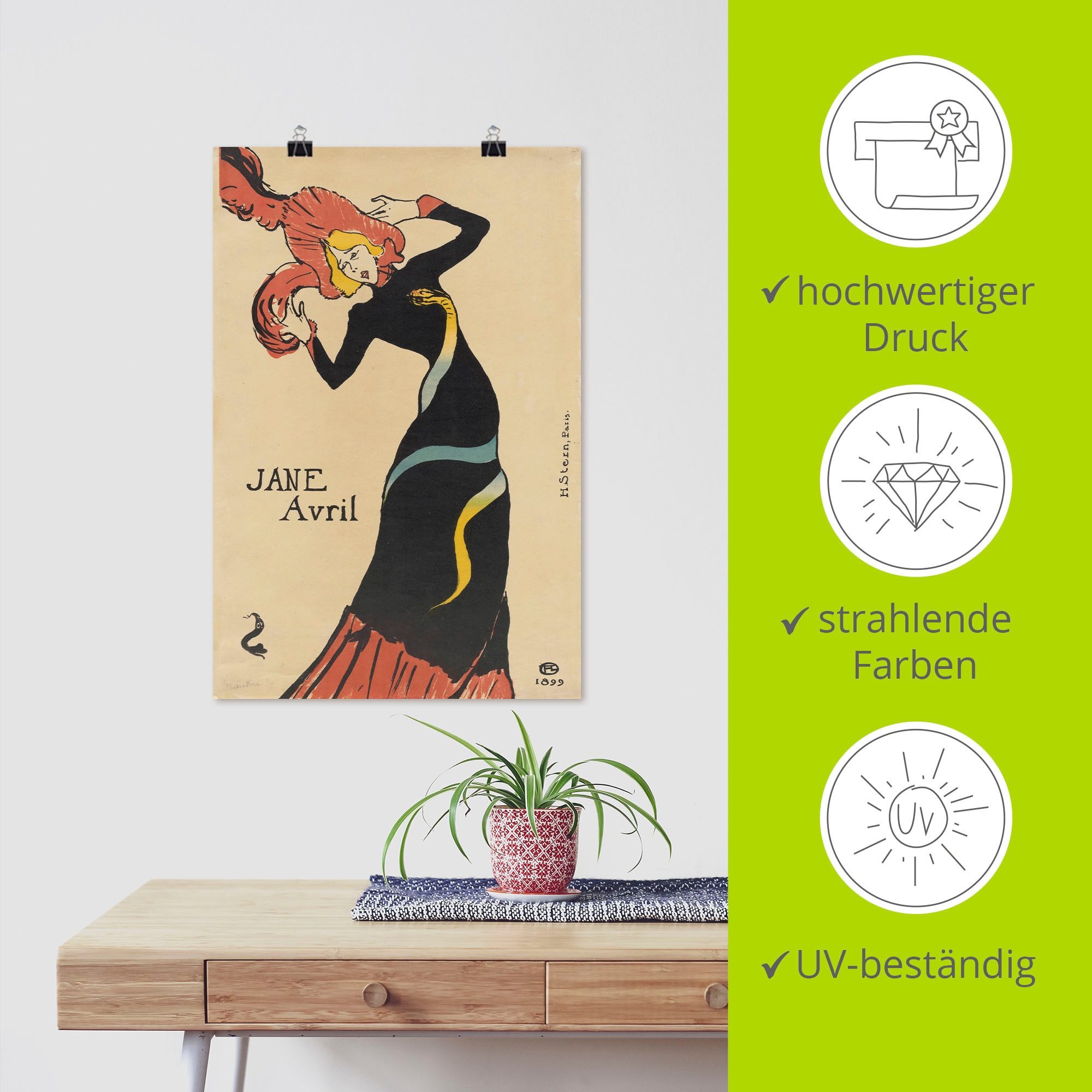 Artland Kunstdruck »Jane Avril (Plakat). 1899«, Ausstellungsplakate, (1 St.), als Alubild, Leinwandbild, Wandaufkleber oder Poster in versch. Grössen