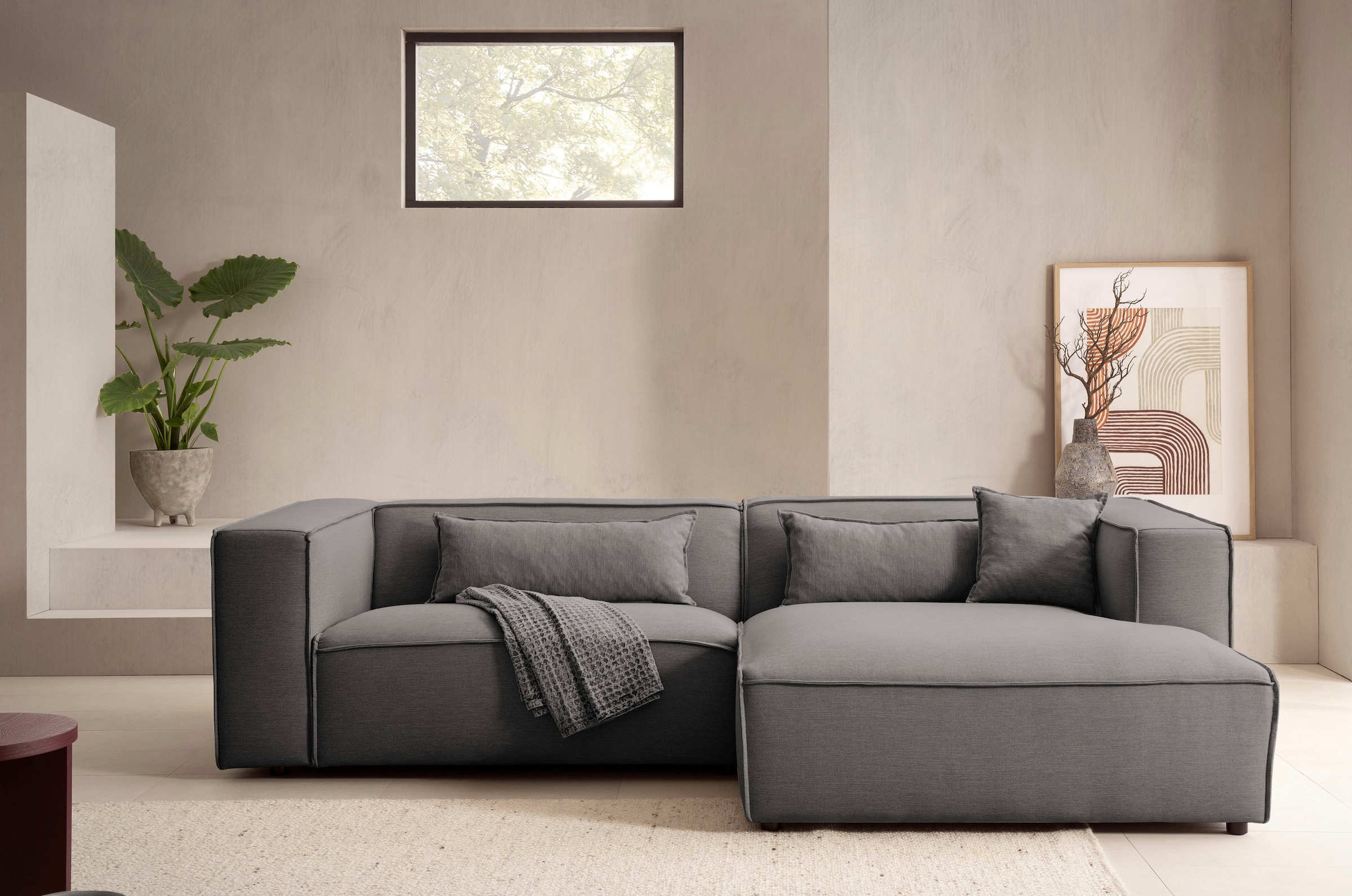 LeGer Home by Lena Gercke Ecksofa »PIARA mit Kedernaht in Cord oder Leinenoptik, moderne Couch in L-Form«, wahlweise Ottomane rechts/links, schwarze Füsse, bequemer Sitzkomfort