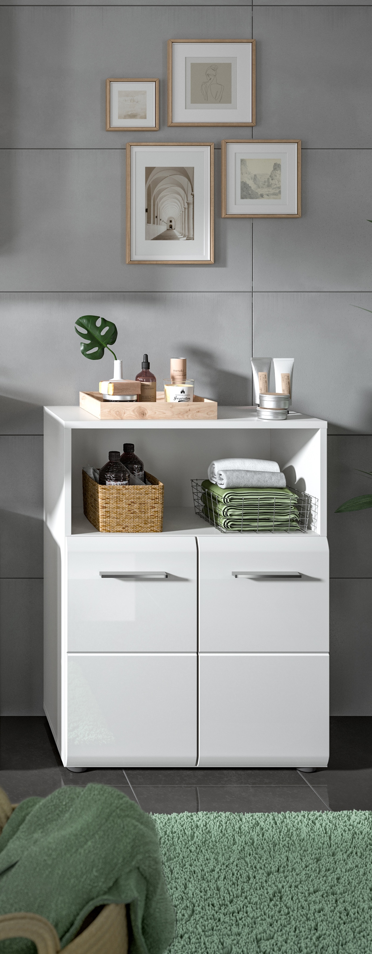 INOSIGN Midischrank »FLORENZ, TOPSELLER!, Breite 60 cm, 2 Türen, 1 Fachboden, 1 offene Fach«, hochwertige MDF Front, Griff chromglänzend, Badschrank, Bad