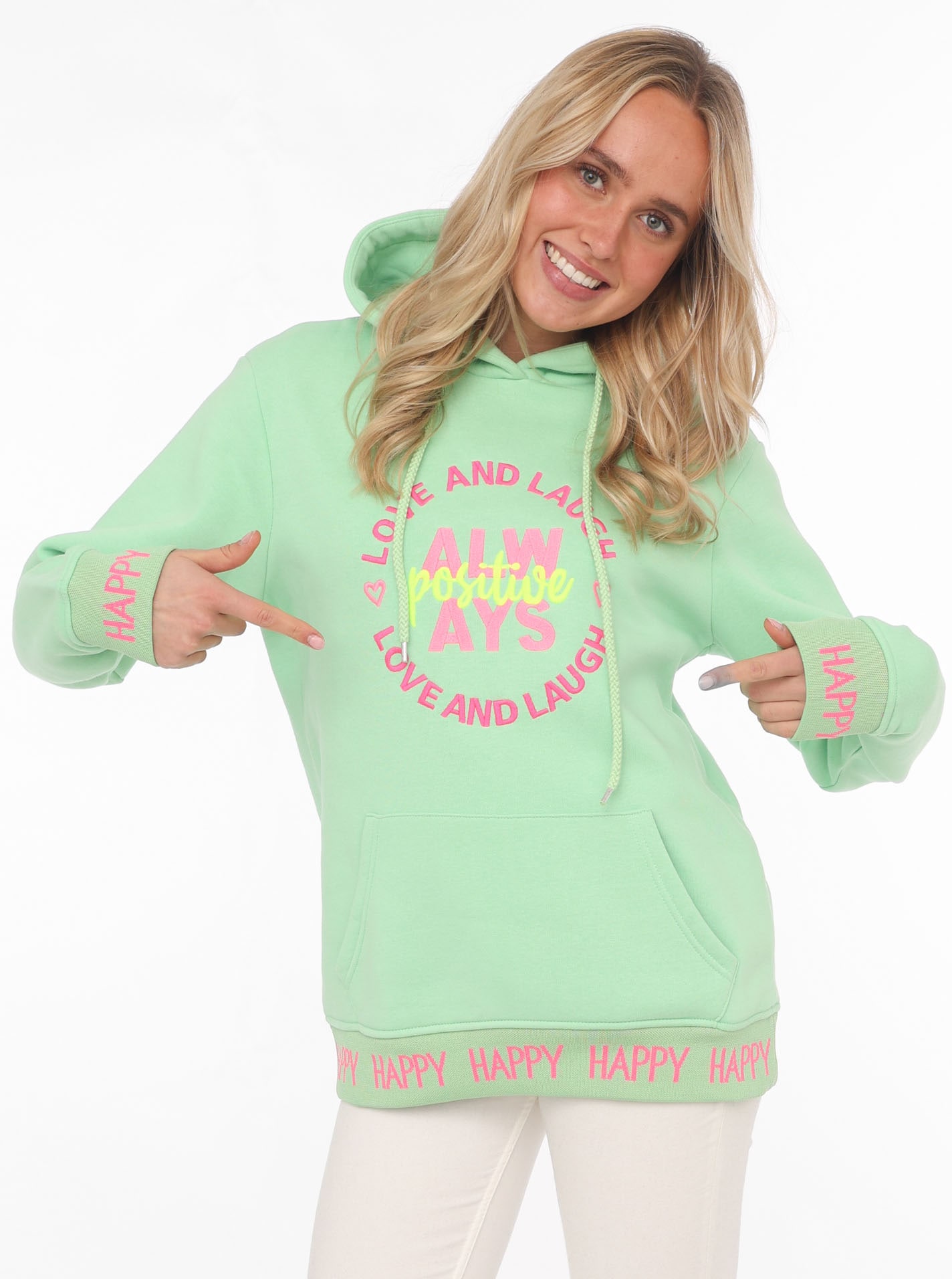 Zwillingsherz Hoodie »"Always Positive"«, Kapuze, Stickerei, Fronttasche, Bündchen-Schriftzug, Langarm
