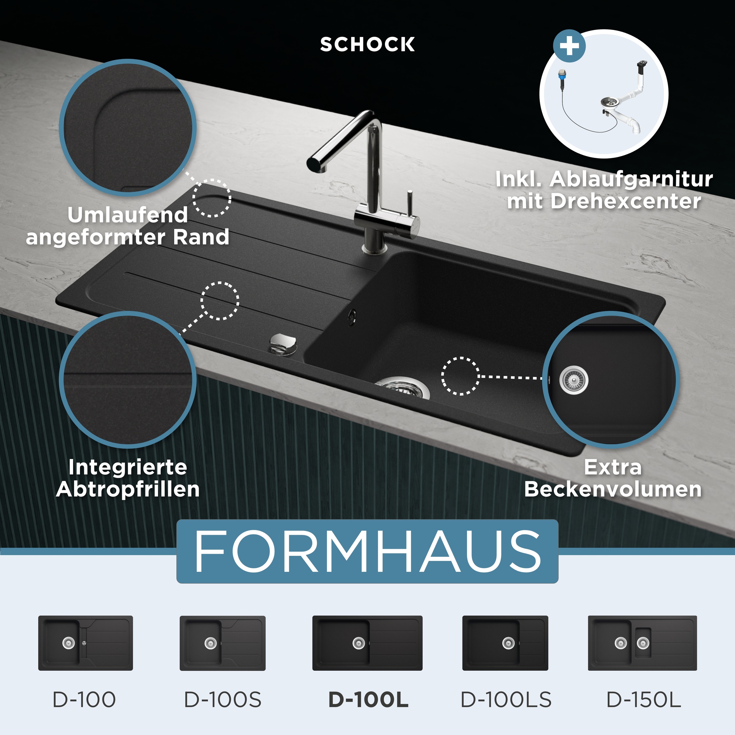 Schock Granitspüle "COMO D-100L" Inklusive ab- und Überlaufgarnitur, Drehhexcenter, Diamantbohrer
