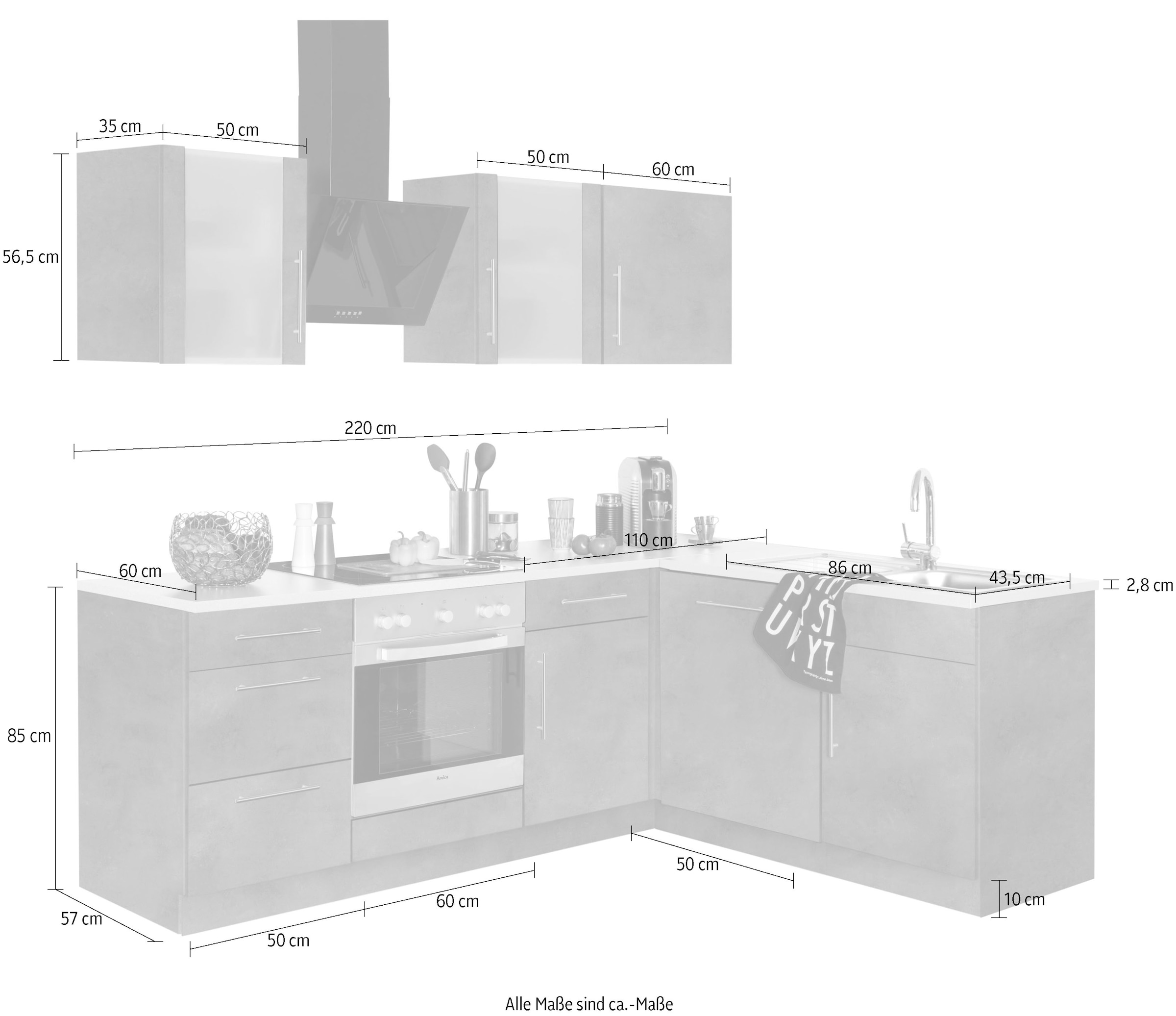 Winkelküche ohne Stellbreite entdecken 170 E-Geräte, ❤ im Shop cm wiho Jelmoli-Online x Küchen 220 »Cali«,