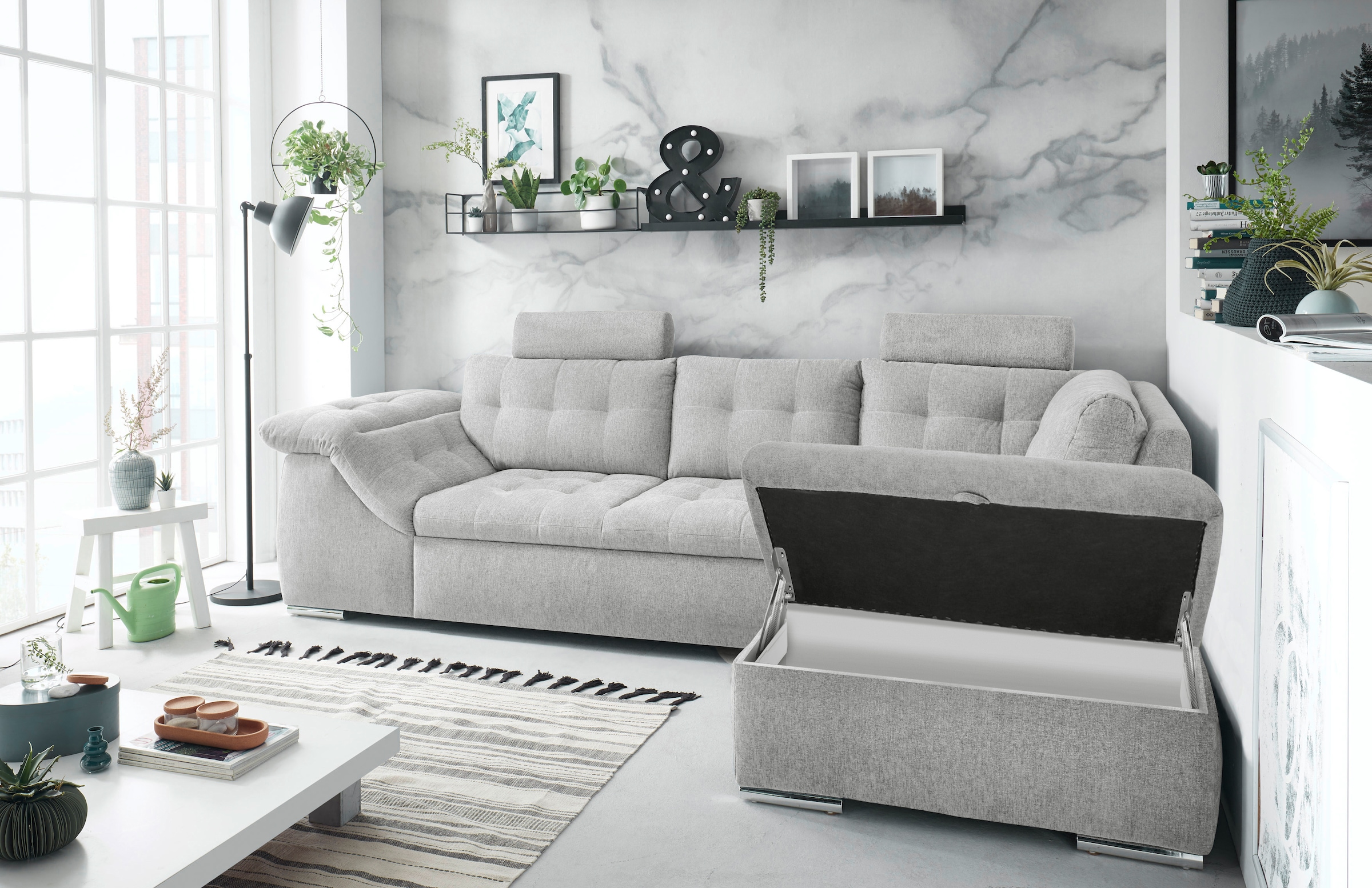 ED EXCITING DESIGN Ecksofa Oman, mit Bettfunktion, Bettkasten, Armteilverstellung und  Kopfstützen