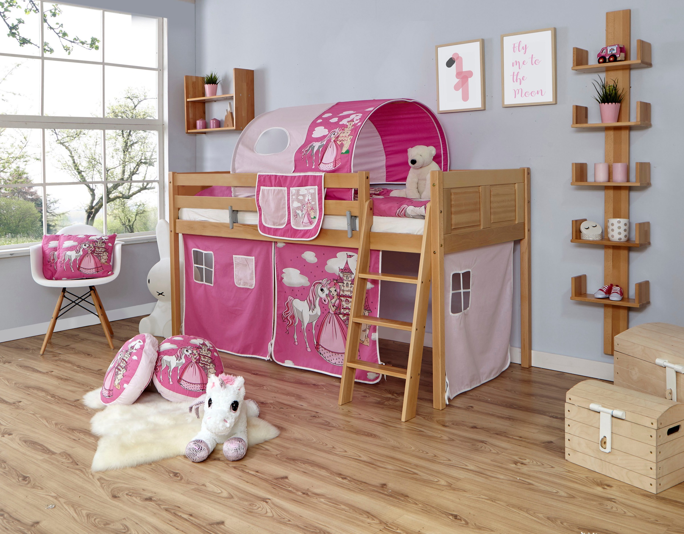 Ticaa Hochbett »Eric« mit Rollrost und Textil-Set wahlweise mit Matratze, Buche
