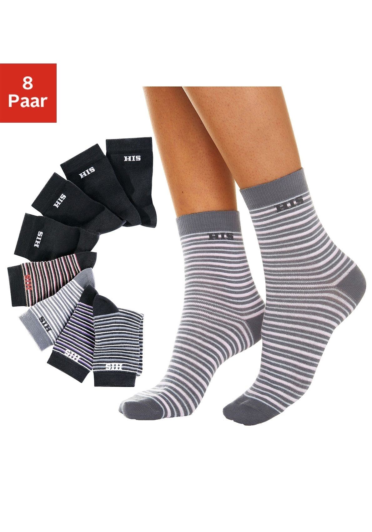 Socken, (Packung, 8 Paar), geringelt und unifarben