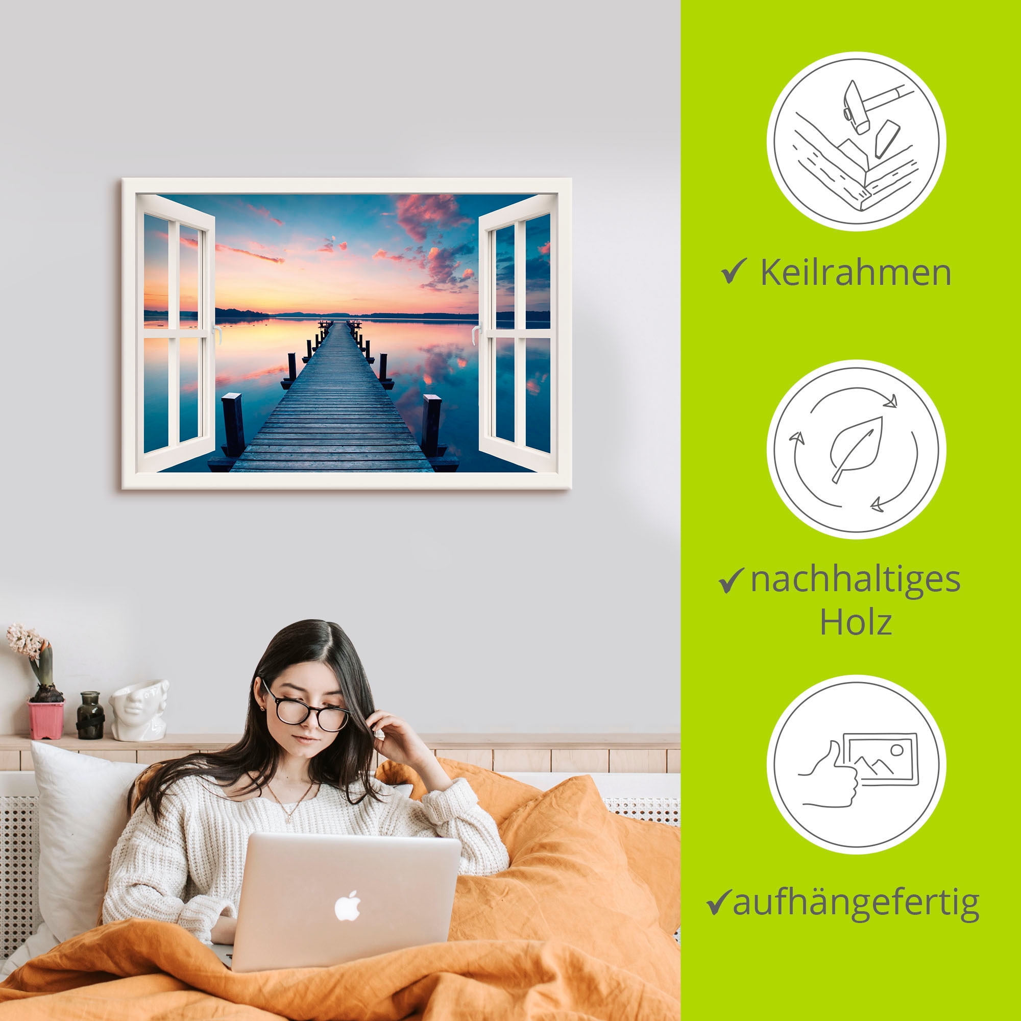 Artland Wandbild »Pier im Sonnenaufgang«, Fensterblick, (1 St.), als Leinwandbild, Poster in verschied. Grössen