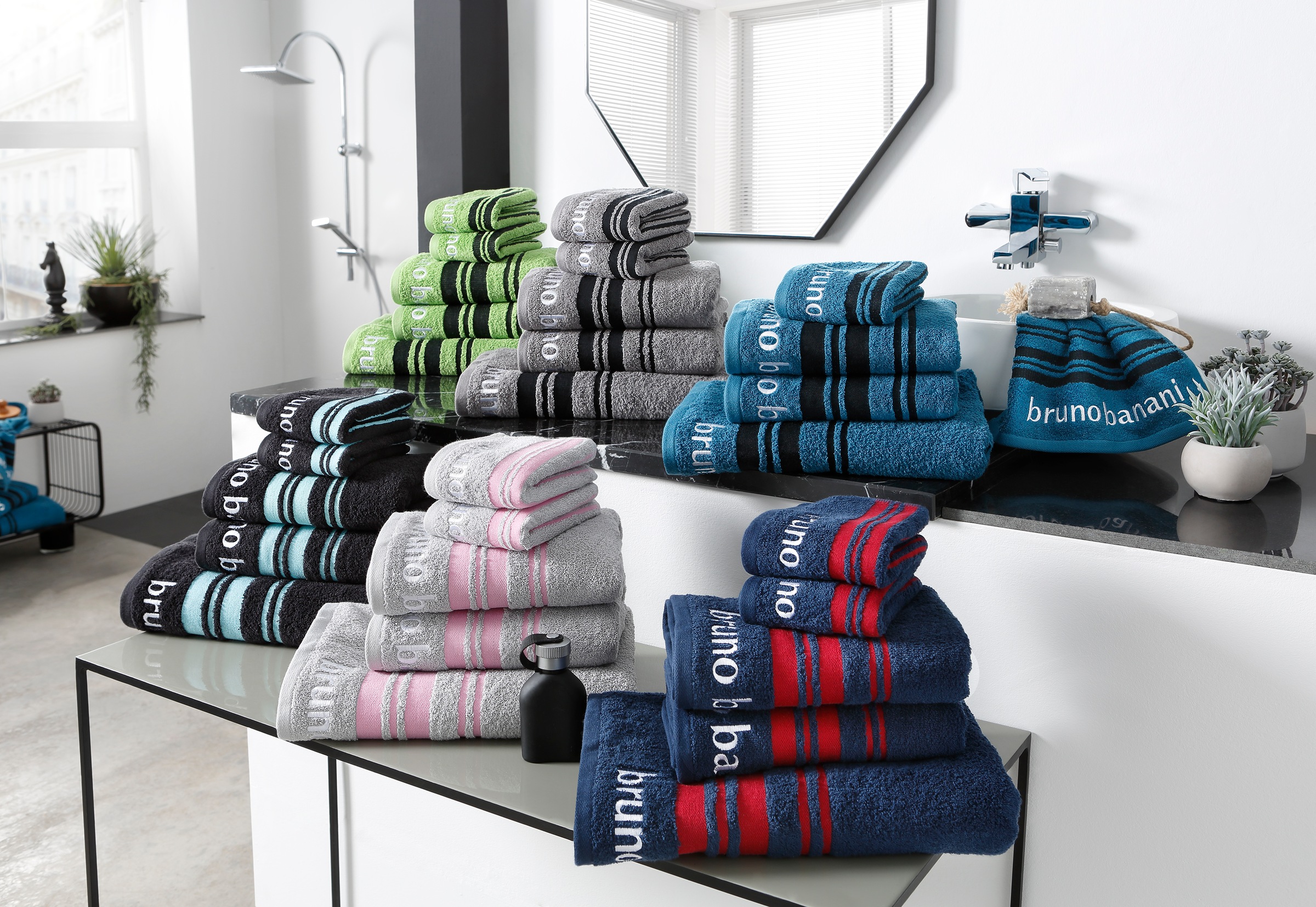 Bruno Banani Handtuch Set "Daniel, 1 Duschtuch 70x140, 2 Handtücher 50x100, 2 Gästetücher 30x50" Set 5 Walkfrottee Streifen-Bordüre & Markenlogo, weich, 100% Baumwolle