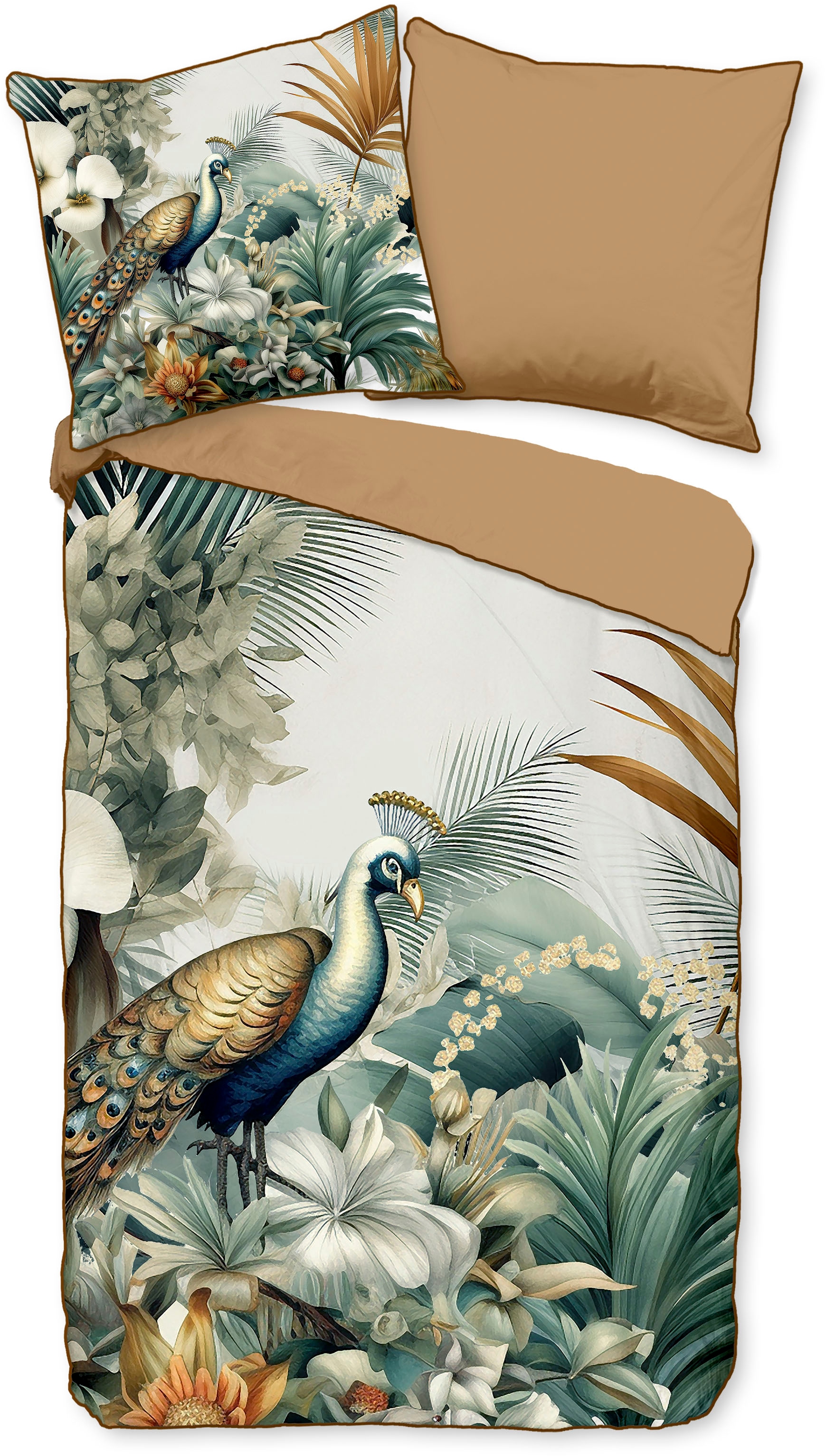Descanso Wendebettwäsche »Dana1«, Mako Satin, 135x200, Biese, Reissverschluss, Wendeoptik, Blumen, Pfau