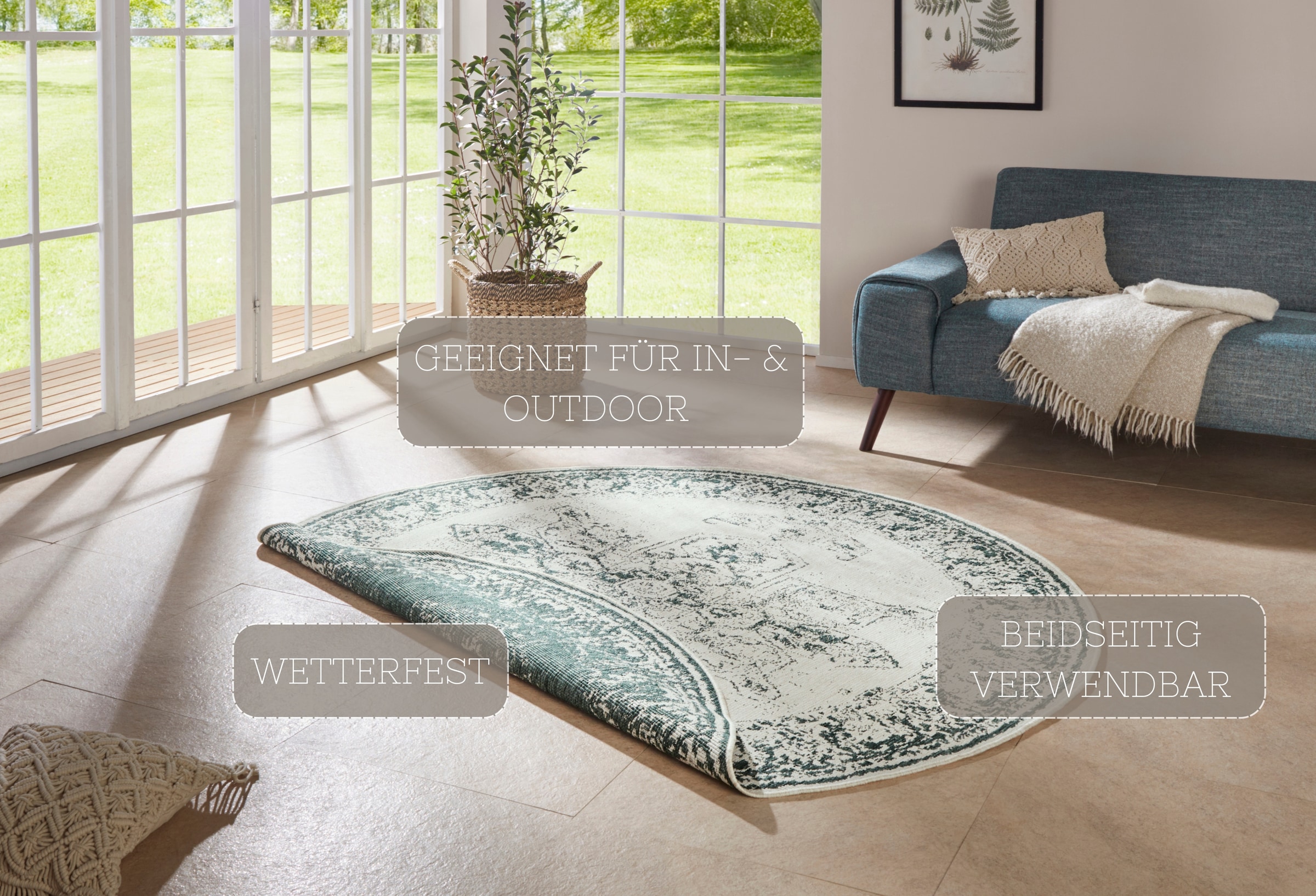 NORTHRUGS Teppich »Borbon Wendeteppich«, rund, 5 mm Höhe, In-& Outdoor, Wetterfest, Balkon, Garten, Wohnzimmer, Wasserfest