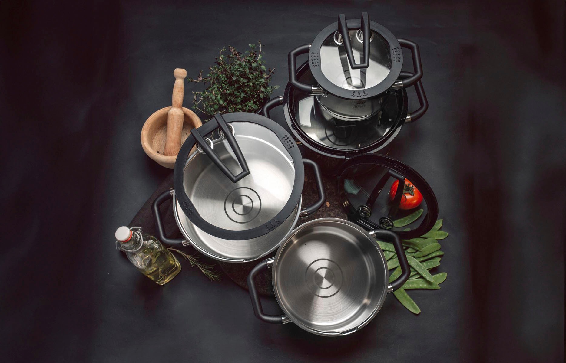 Elo Premium Topf-Set »Rondello«, Edelstahl 18/10-Edelstahl 18/8, (Set, 7 tlg., je 1 Fleischtopf Ø 16/20/24 cm, 1x Stieltopf Ø 16 cm), mit integriertem Öl-Dosiersystem, Induktion