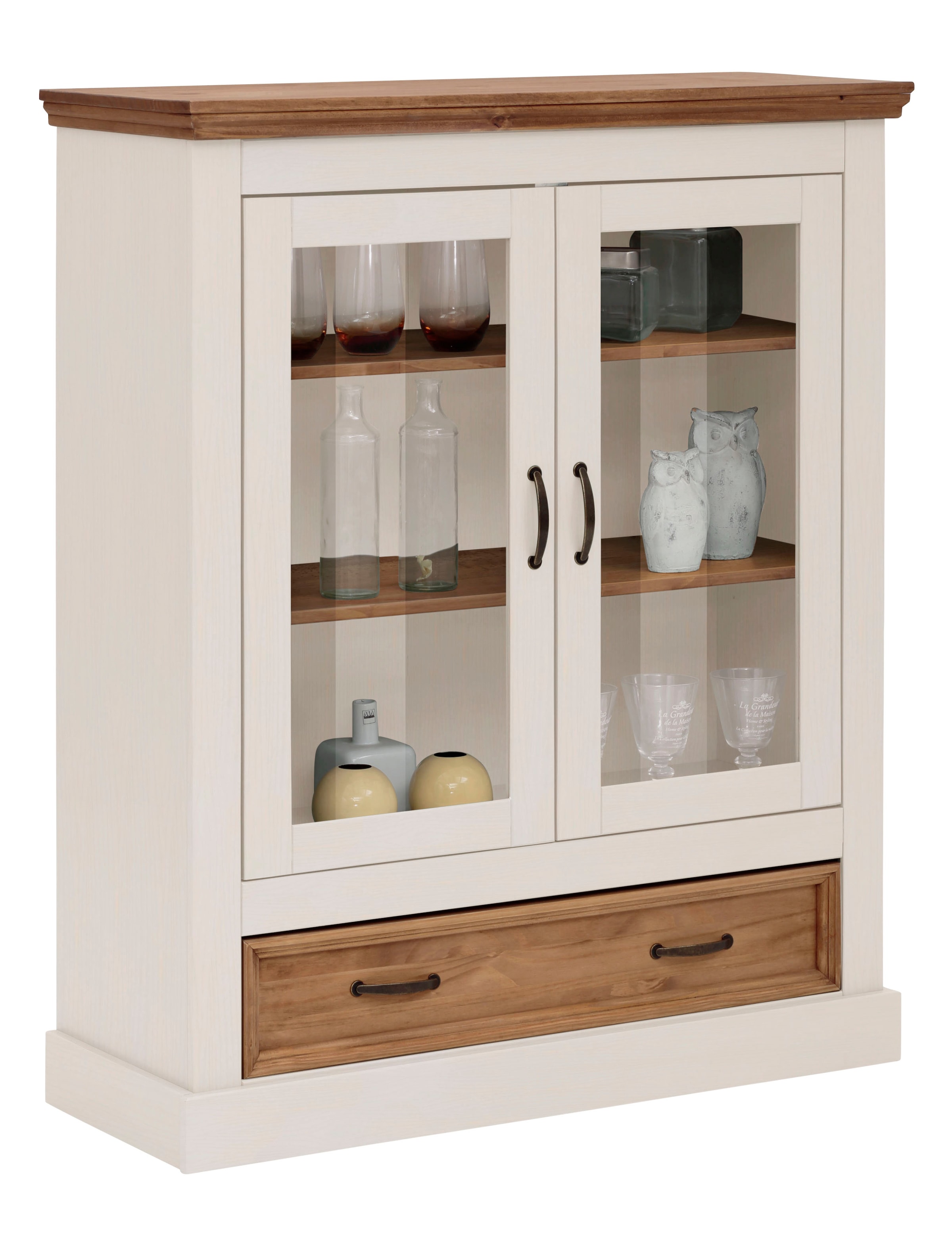 Home affaire Vitrine »Selma Highboard«, aus massivem Kiefernholz, mit Griffen aus antikisiertem Metall