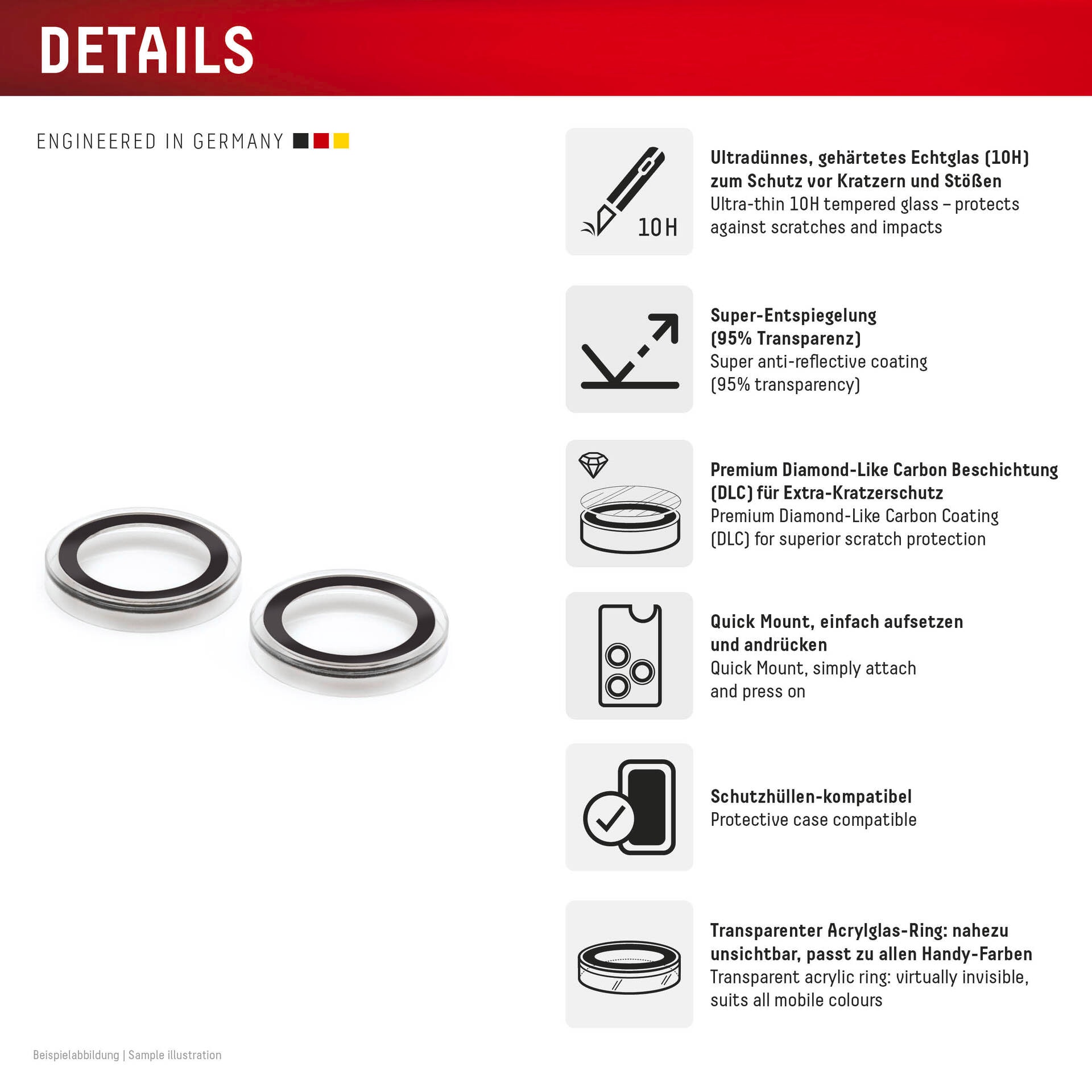 Displex Kameraschutzglas »Camera Lens Glass Single Glass Ring Protector«, für Apple iPhone 16-Apple iPhone 16 Plus, (Packung, 2x Einzellinsen-Schutzringe), Objektivschutz, Kameraschutz, kratz- & stossfest
