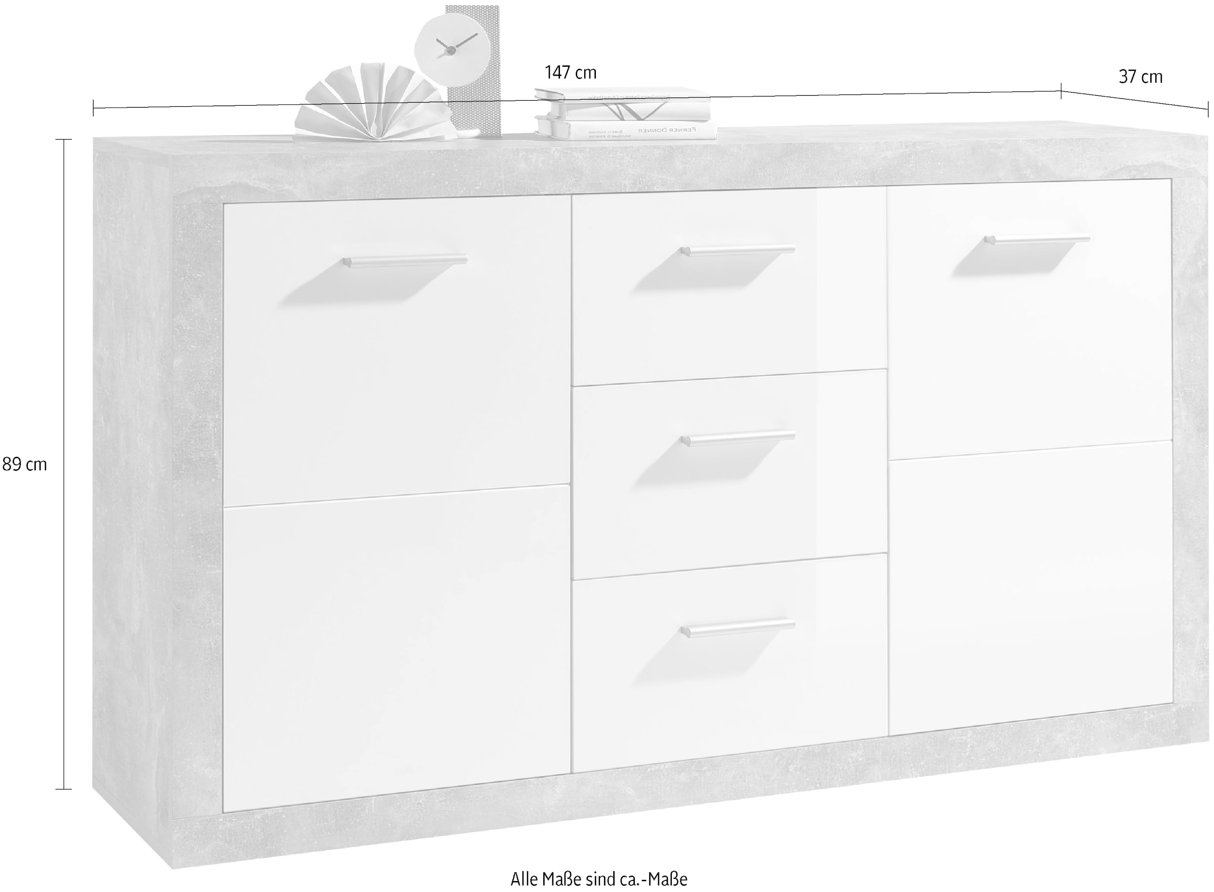 HBZ Sideboard »Stone weiss Hochglanz, Wohnzimmerschrank BxHxT 147x89x37 cm«, (1 St.), Mit 2 Türen, 3 geräumigen Schubkästen, 2 Einlegeböden verstellbar