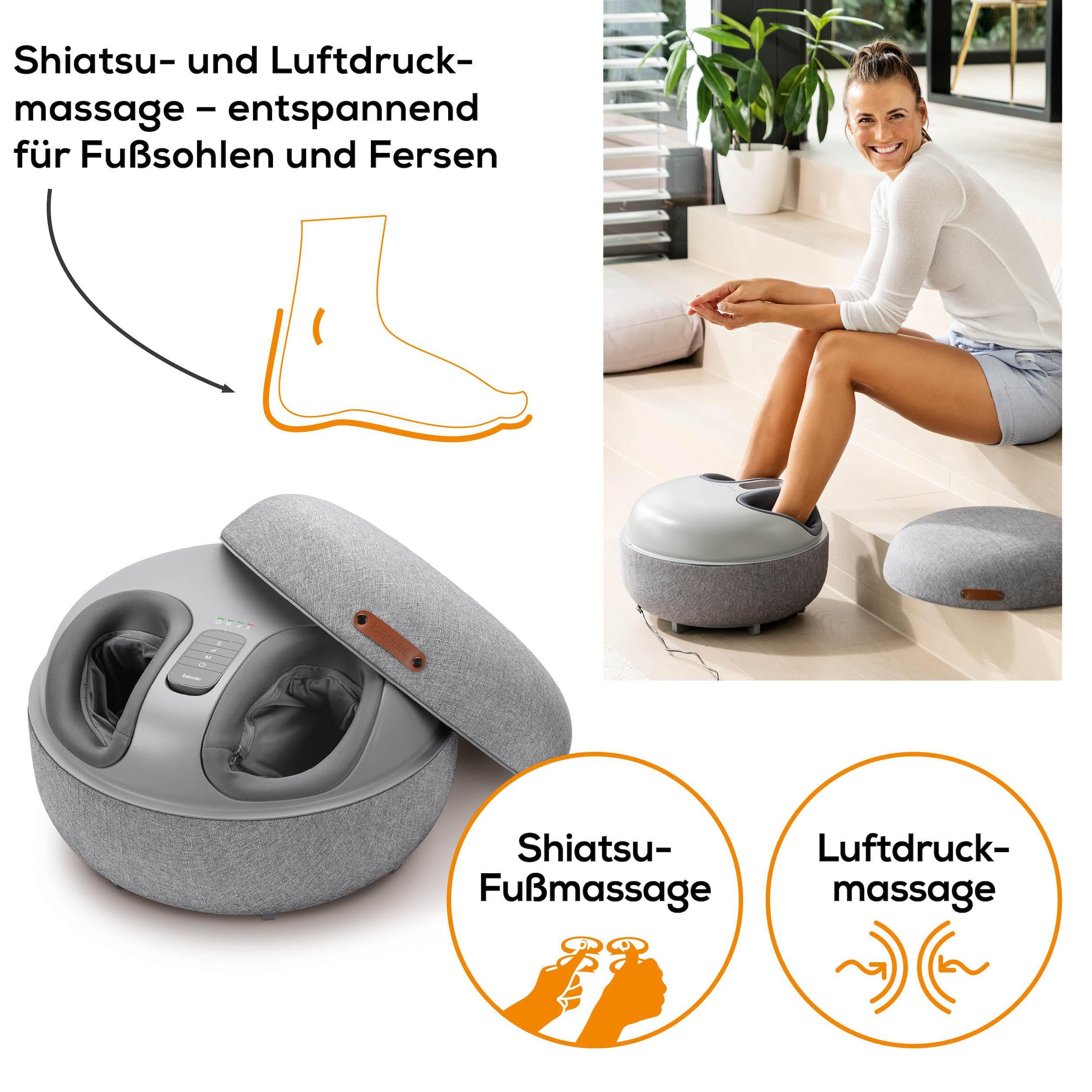 BEURER Shiatsu-Fussmassagegerät »FM 120 2-in-1: stylischer Hocker und Massagegerät«, Mit Luftkompressionsmassage und Shiatsu-Massage, inkl. Wärmefunktion