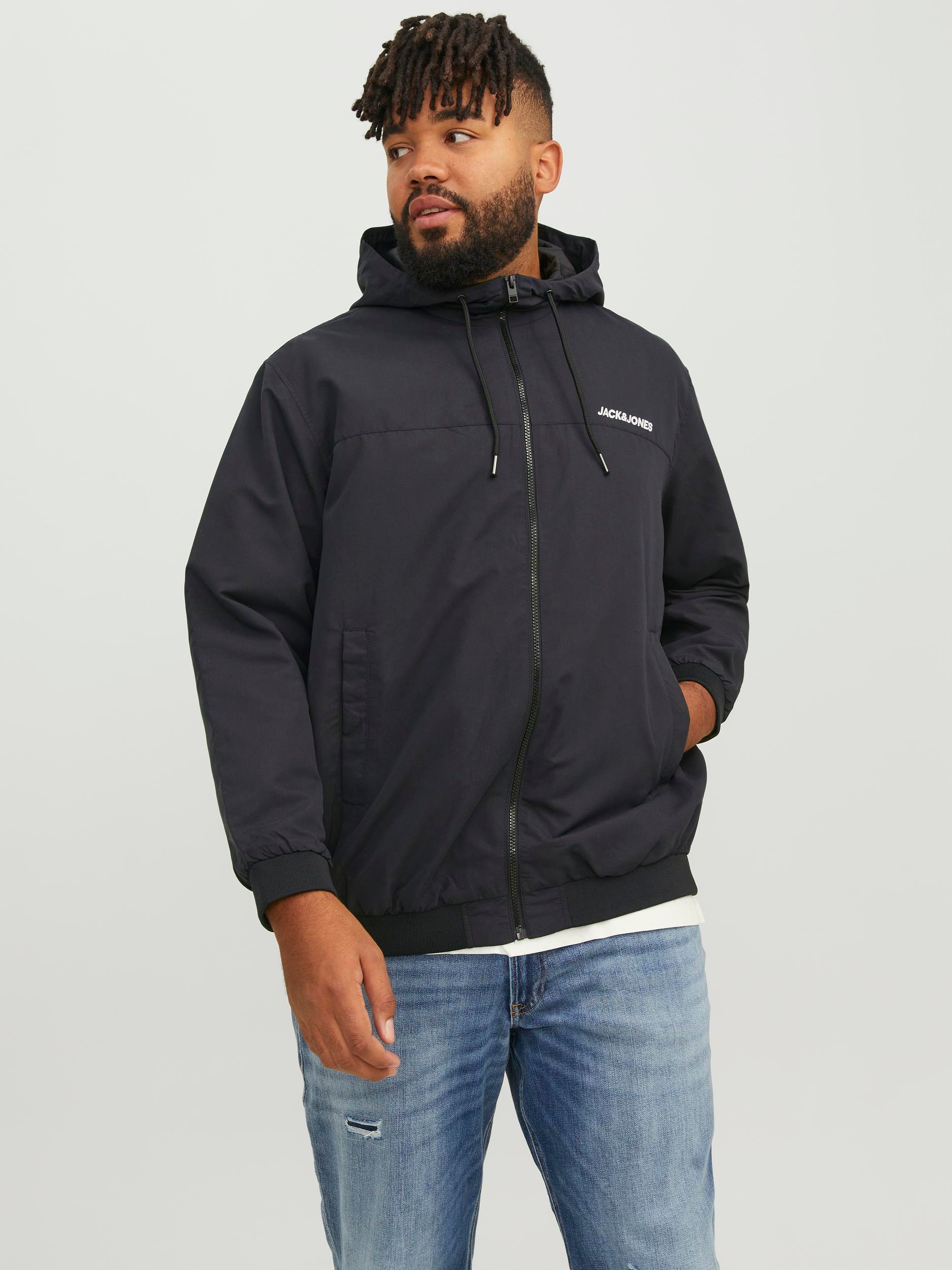 Jack & Jones PlusSize Bomberjacke "JJERUSH HOOD BOMBER NOOS PLS" mit Kapuze mit Logo Schriftzug