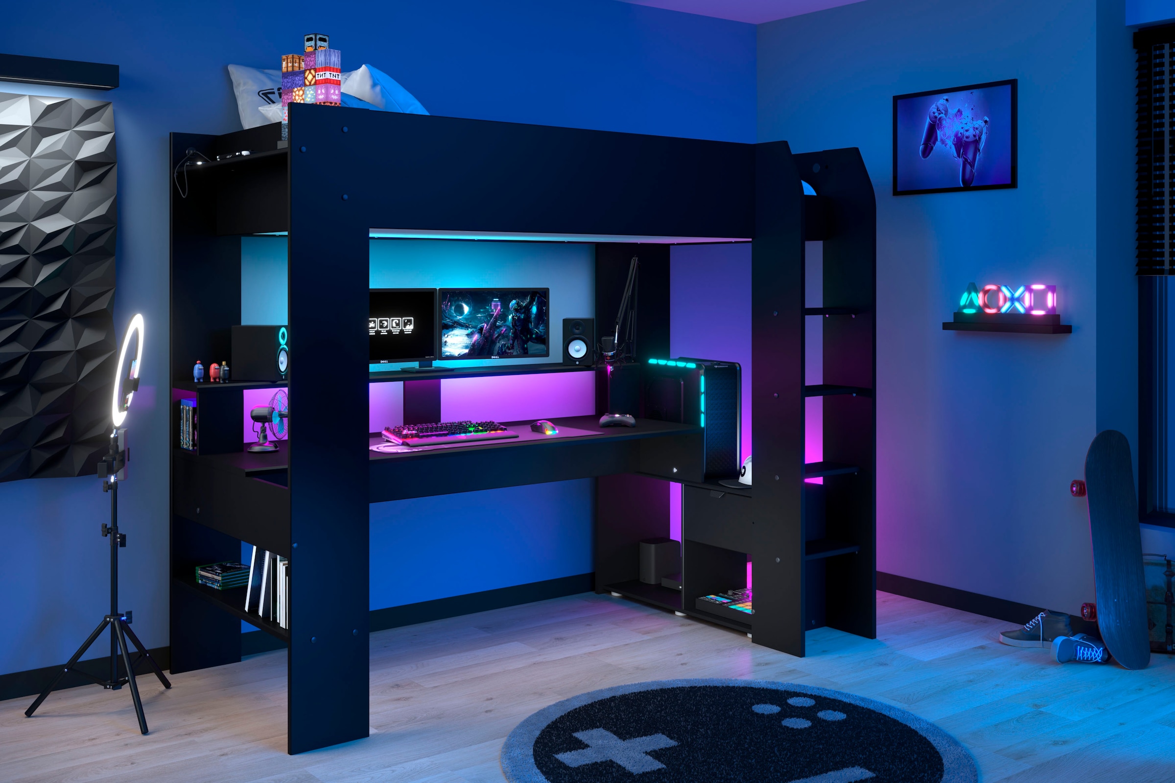 Hochbett »Gaming-Bett, mit Schreibtisch, USB Anschluss, LED, viel Stauraum«, ideal für...