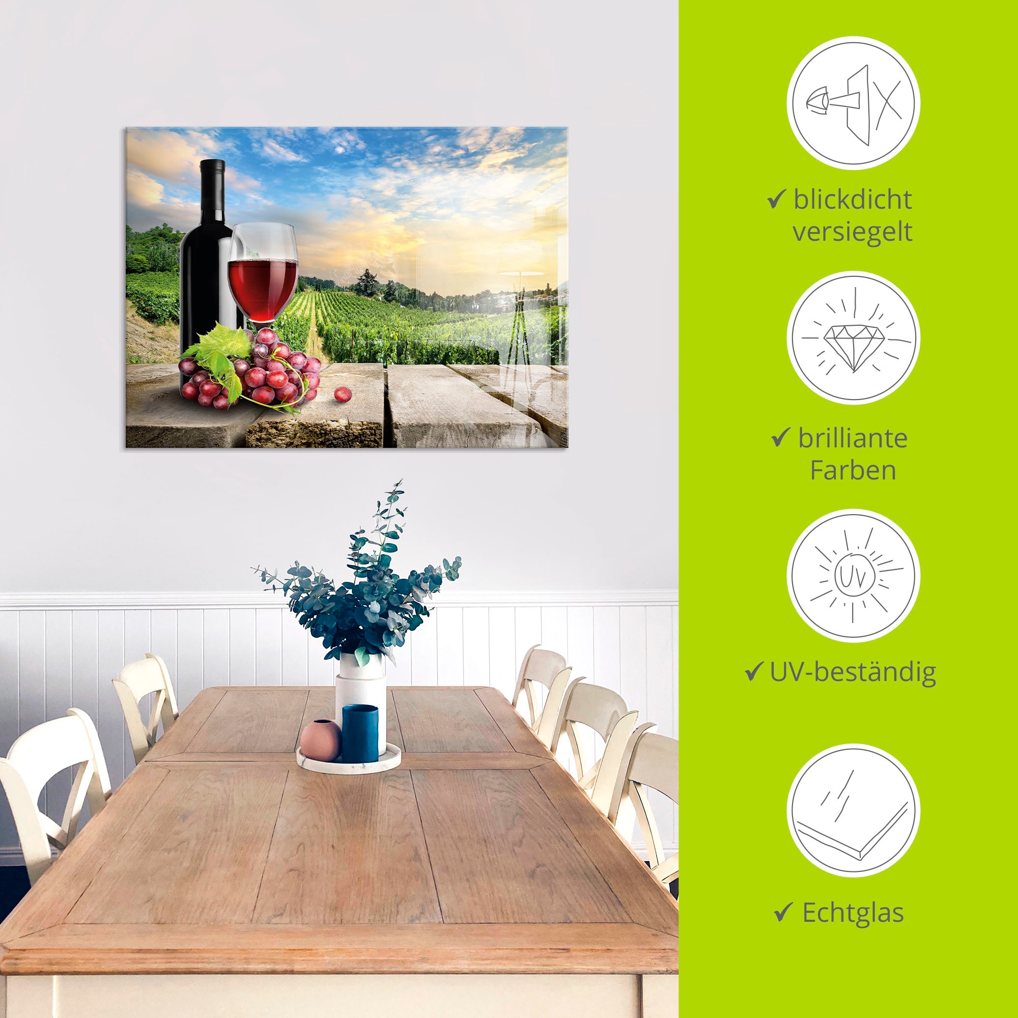 Artland Glasbild »Wein vor Weinbergen«, Berge, (1 St.), in verschiedenen Grössen