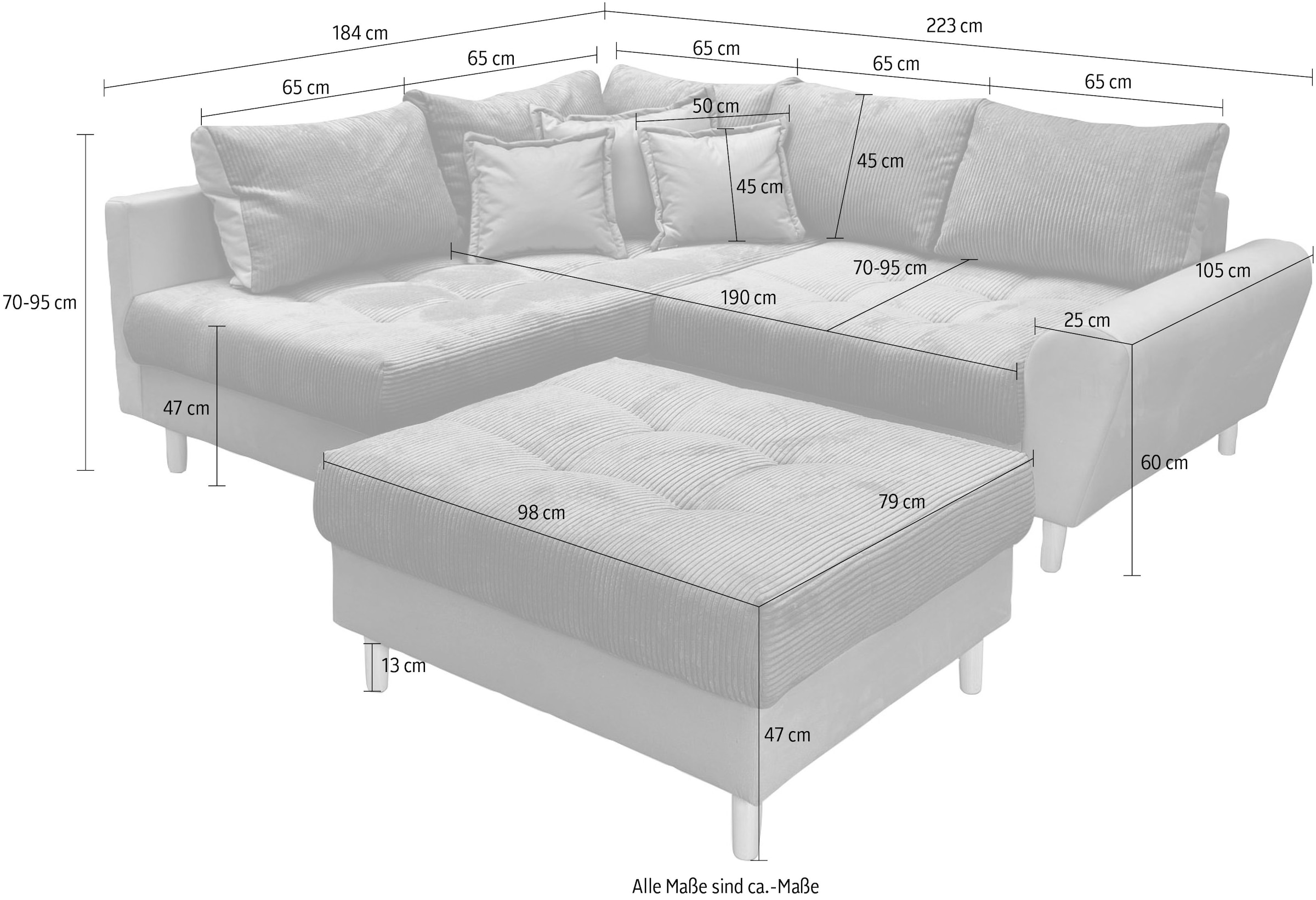 Home affaire Ecksofa »Rice L-Form«, (Set, mit Hocker), mit Bonnellfederkern, Hocker & Kissen, Ottomane beidseitig montierbar