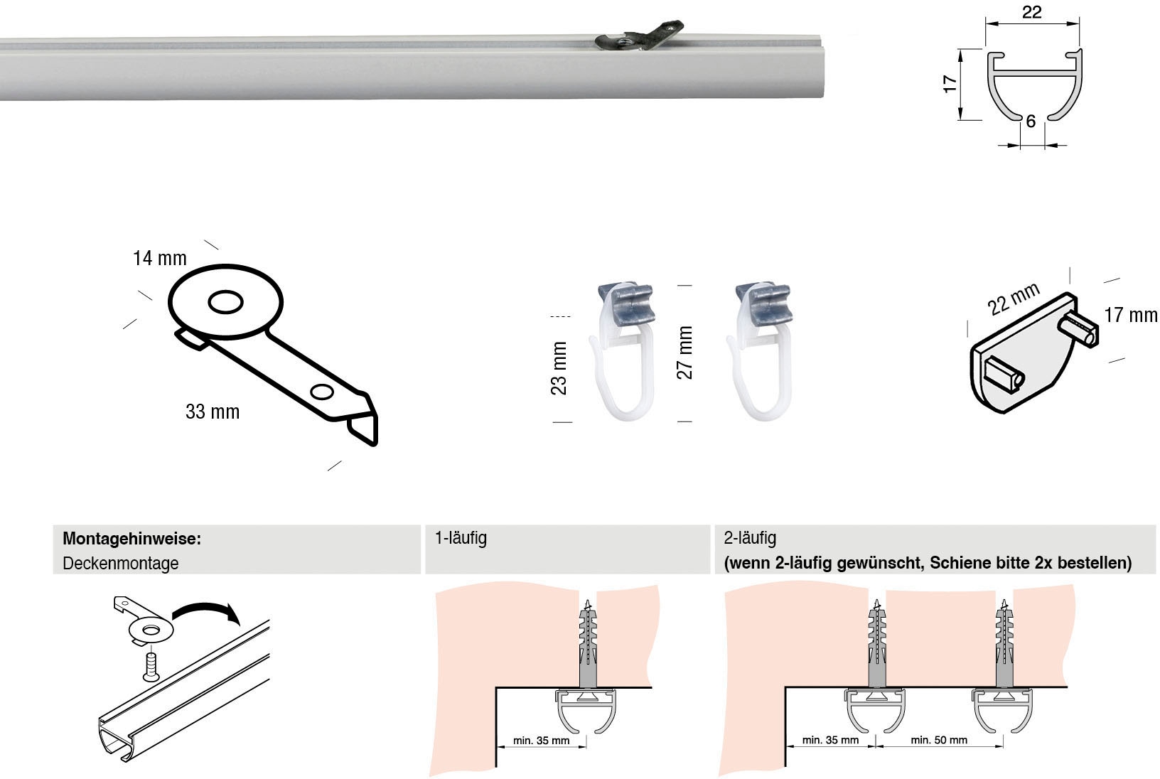 GARESA Gardinenschiene »400«, 1 läufig-läufig, Wunschmasslänge, Aluminiumschiene, schlicht, Deckenmontage, verlängerbar