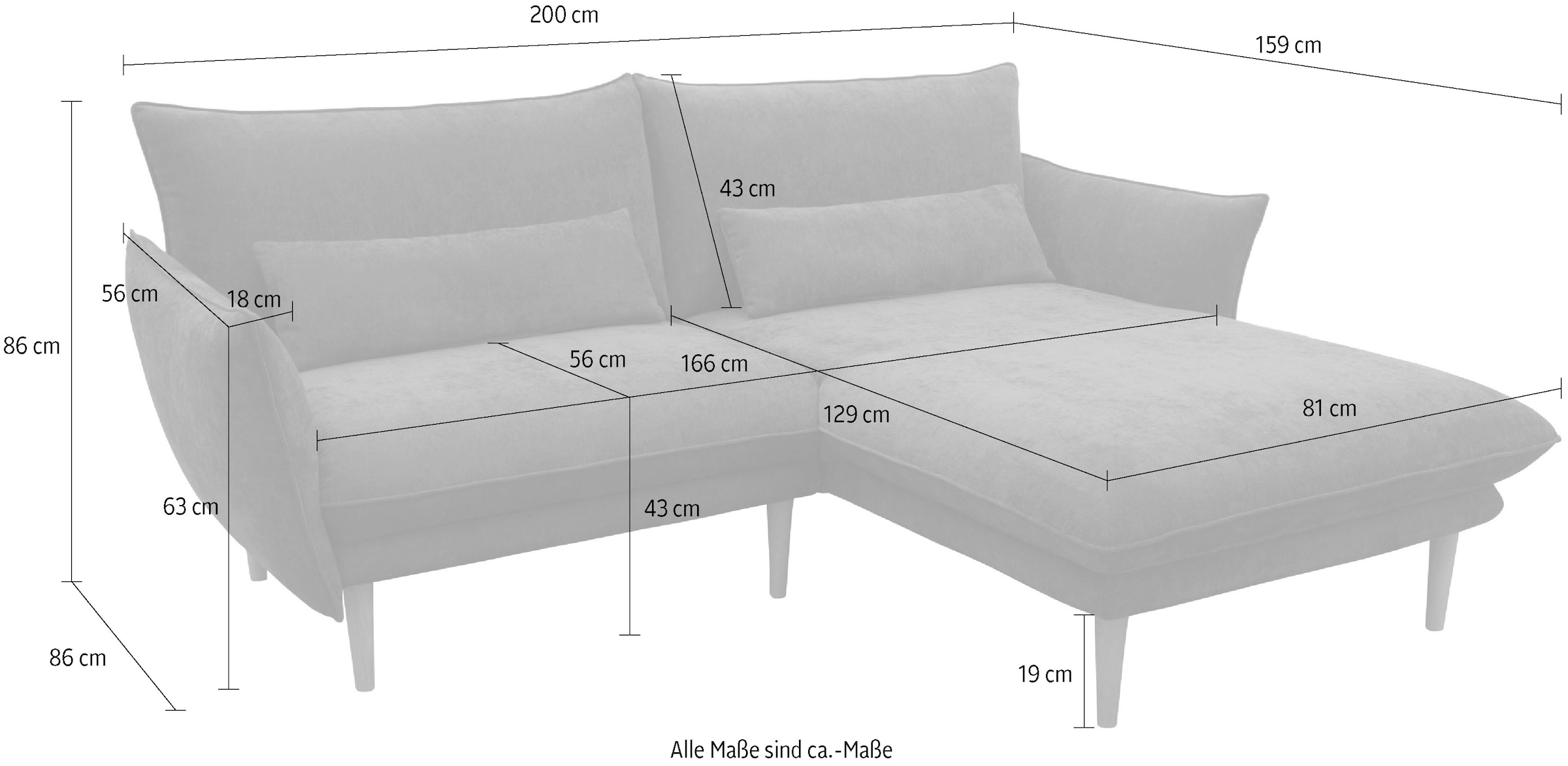 DOMO collection Ecksofa »Leuven kompakte Stellmasse, Breite 200 cm, schmale Armlehnen, L-Form«, angenehm feste Polsterung, bodenfrei, 19 cm hohe Holzfüsse