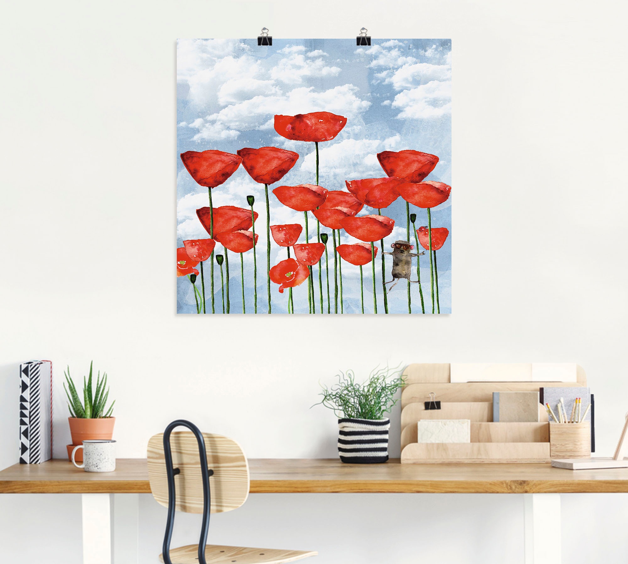 Artland Poster »Maus im Mohnfeld an einem bewölkten Tag«, Blumen, (1 St.), als Alubild, Leinwandbild, Wandaufkleber oder Poster in versch. Grössen