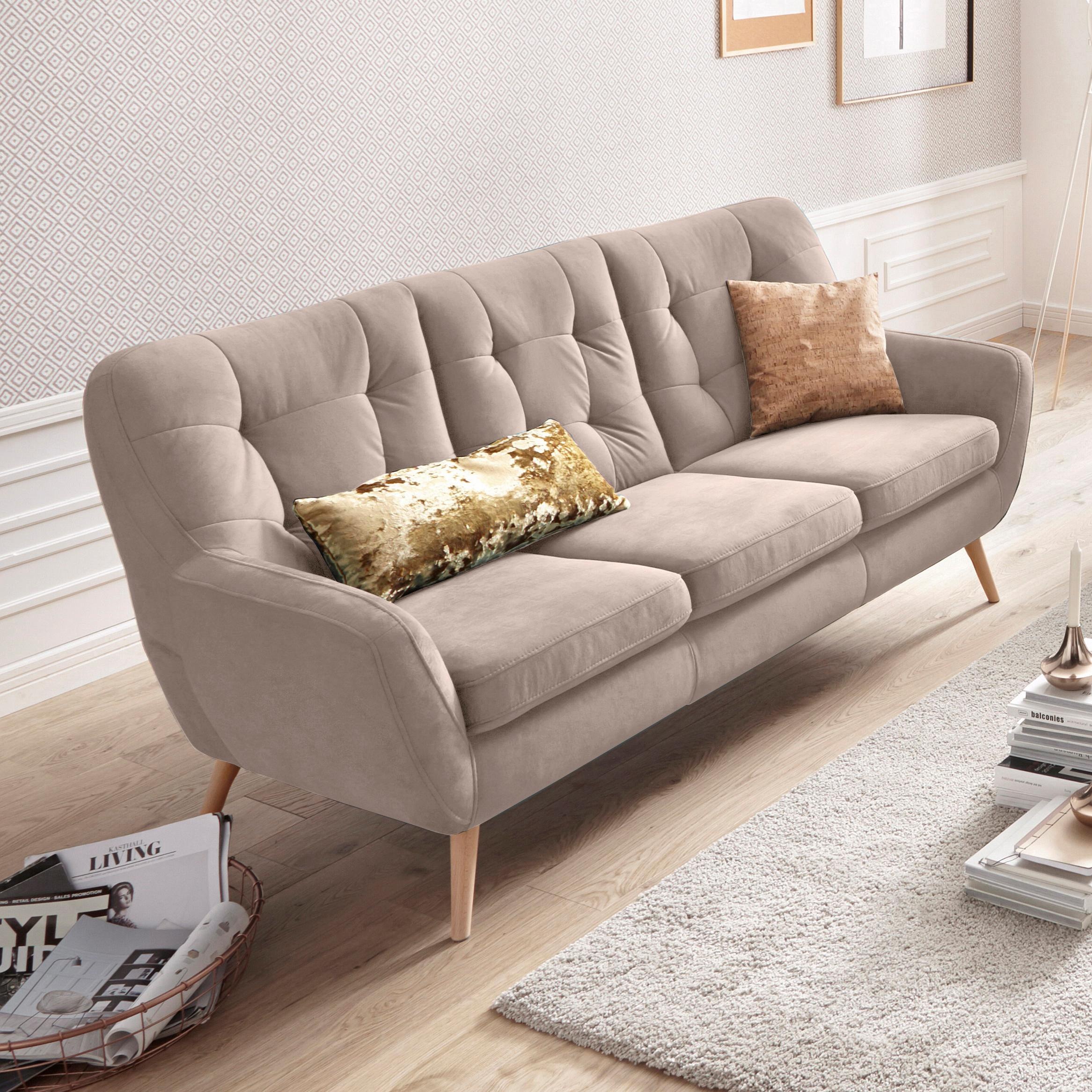 exxpo - sofa fashion 3-Sitzer »Scandi, bequem, aufwendige Rückenpolsterung für mehr Sitzkomfort«, aktuelle Farben in hochwertigen Bezugsqualitäten, Holzfuss