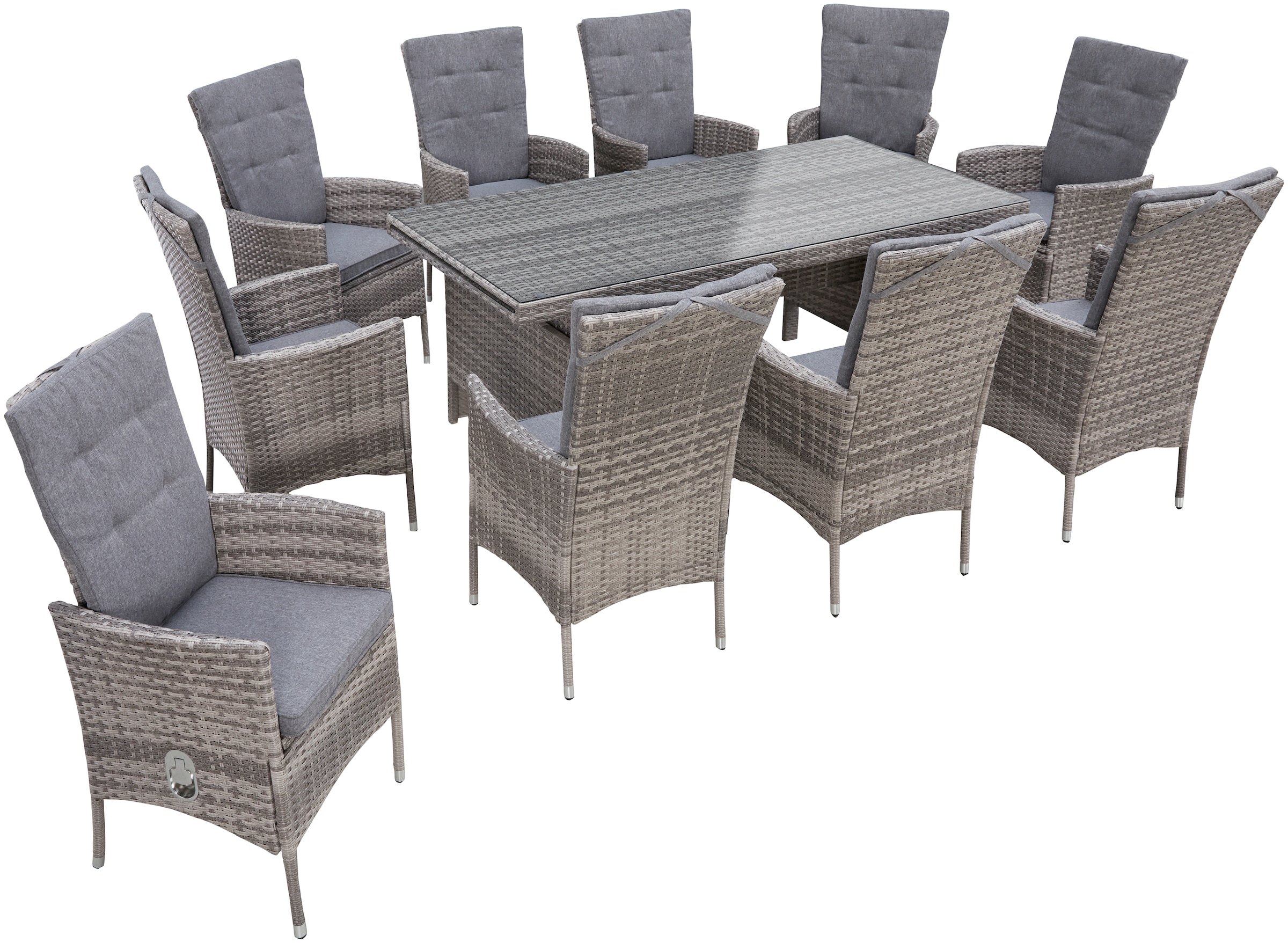 KONIFERA Garten-Essgruppe »Belluno«, (Set, 21 tlg., 10x Sessel, 1x AZ-Tisch 179-300x73/89cm, inkl. Auflagen, Polyrattan), 2 der 10 Sessel stufenlos verstellbar, Tischplatte aus Sicherheitsglas