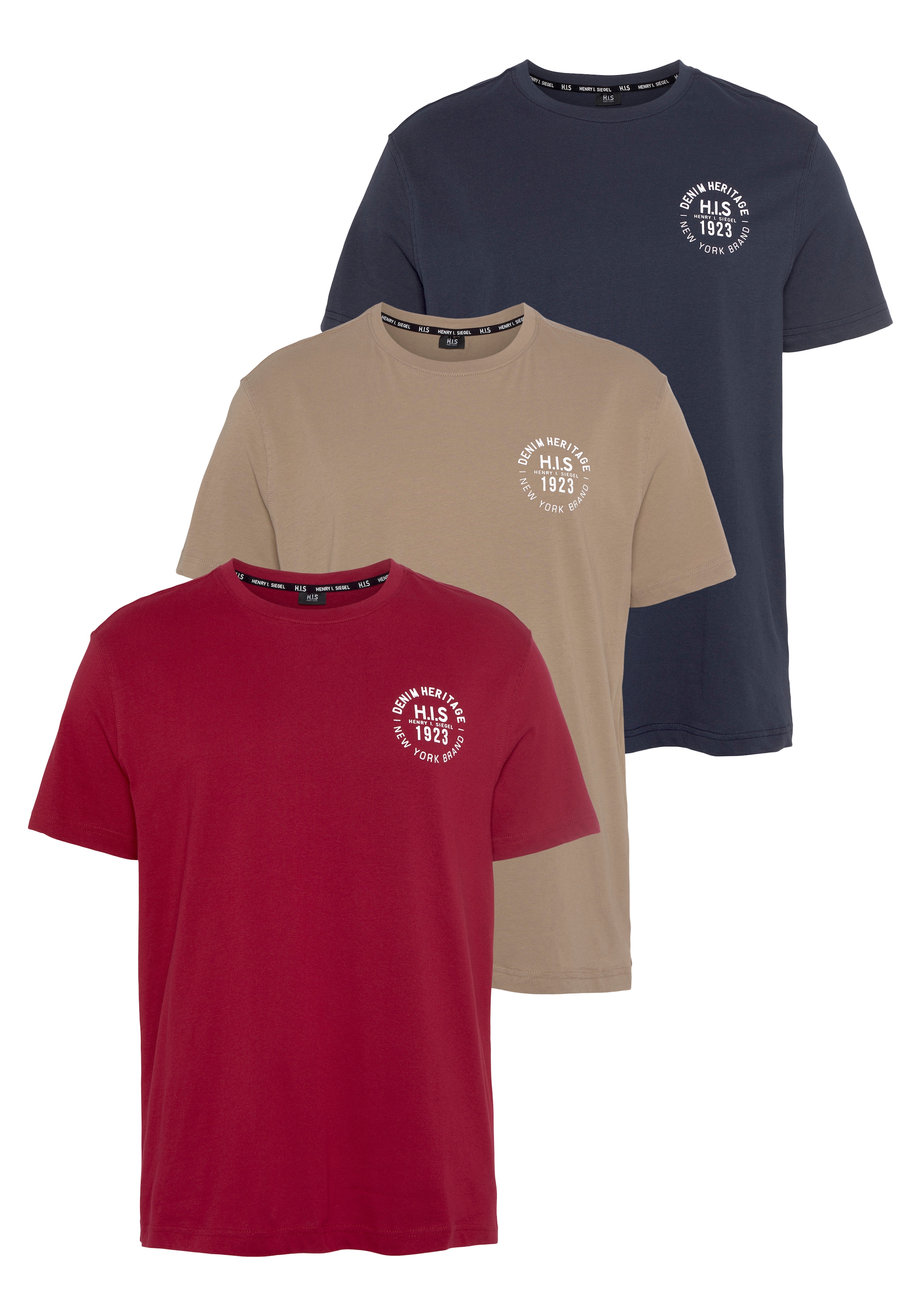 H.I.S T-Shirt, (Packung, 3 tlg., 3er-Pack), schmal geschnitten, bedrucktes Design, aus 100% Baumwolle