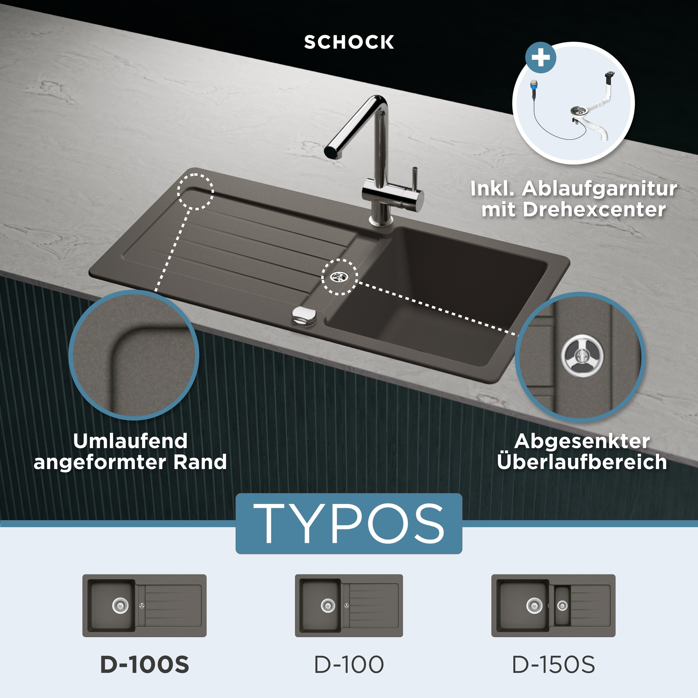 Schock Granitspüle "Typos D-100 S" mit Ablauf und Abtropffläche, links und rechts einbaubar