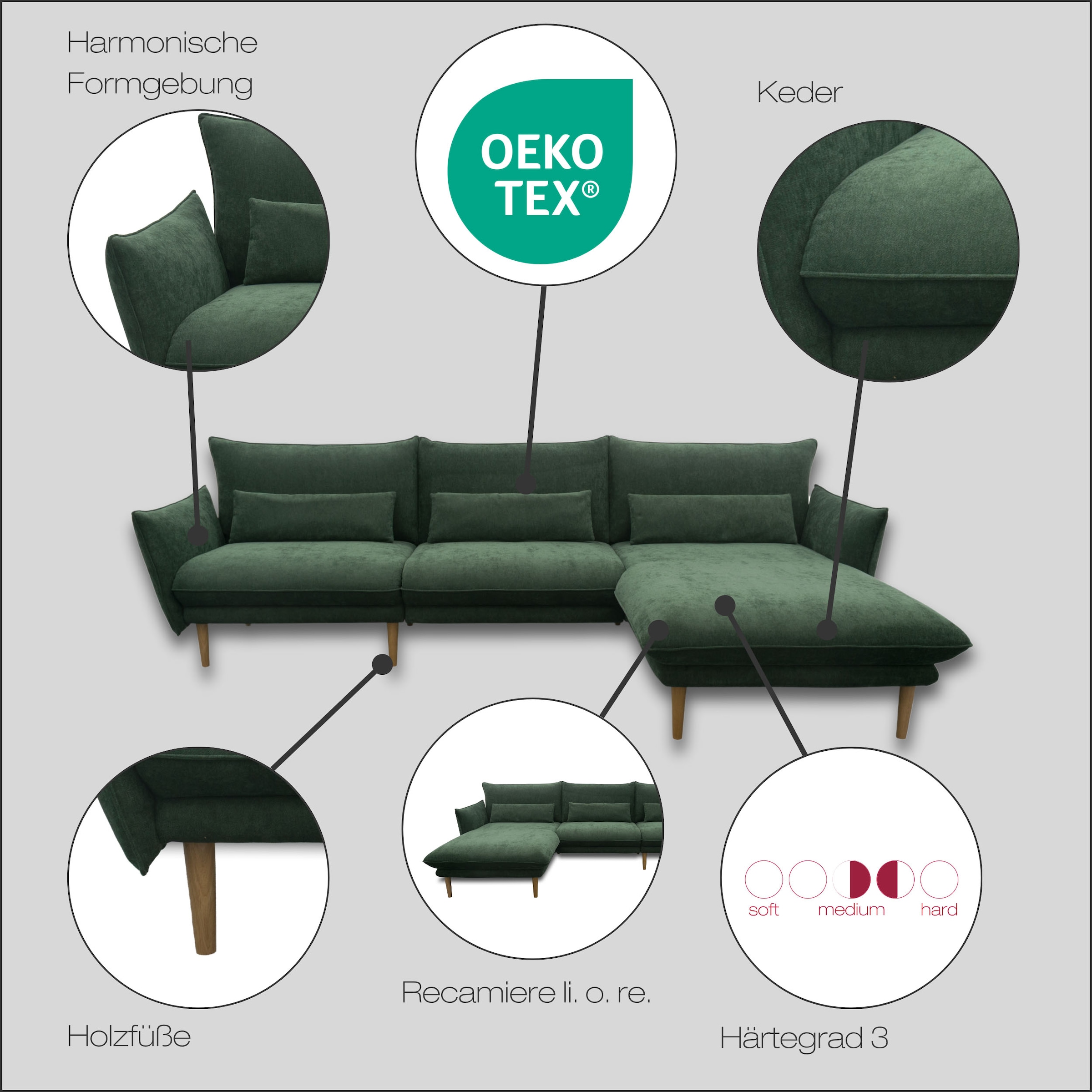 DOMO collection Ecksofa »Leuven modern mit schmalen Armlehnen, Breite 282 cm, L-Form«, angenehm feste Polsterung, bodenfrei, 19 cm hohe Holzfüsse