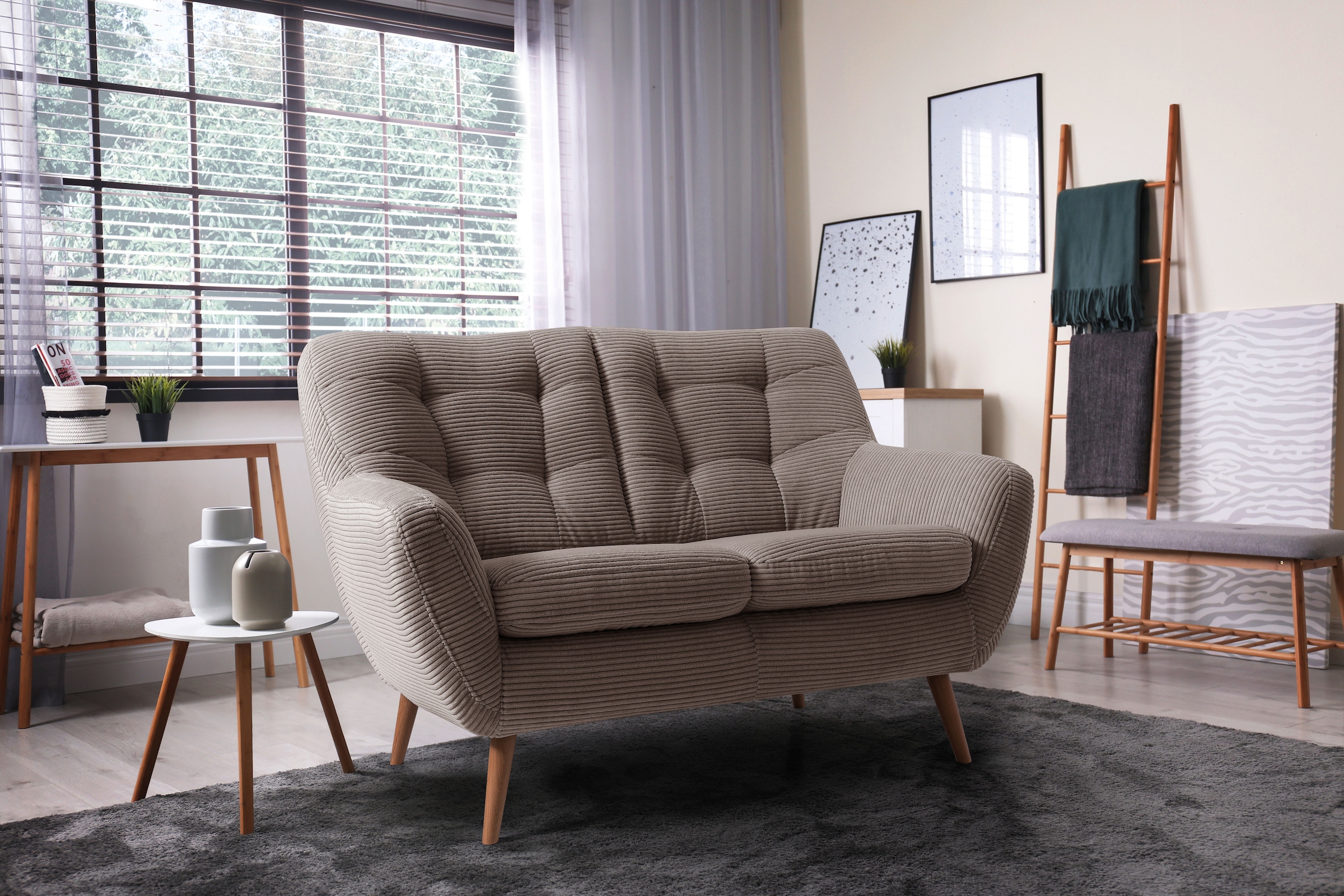 exxpo - sofa fashion 2-Sitzer »Scandi, bequem, aufwendige Rückenpolsterung für mehr Sitzkomfort«, akuelle Farben in hochwertige Bezugsqualitäten, Holzfuss