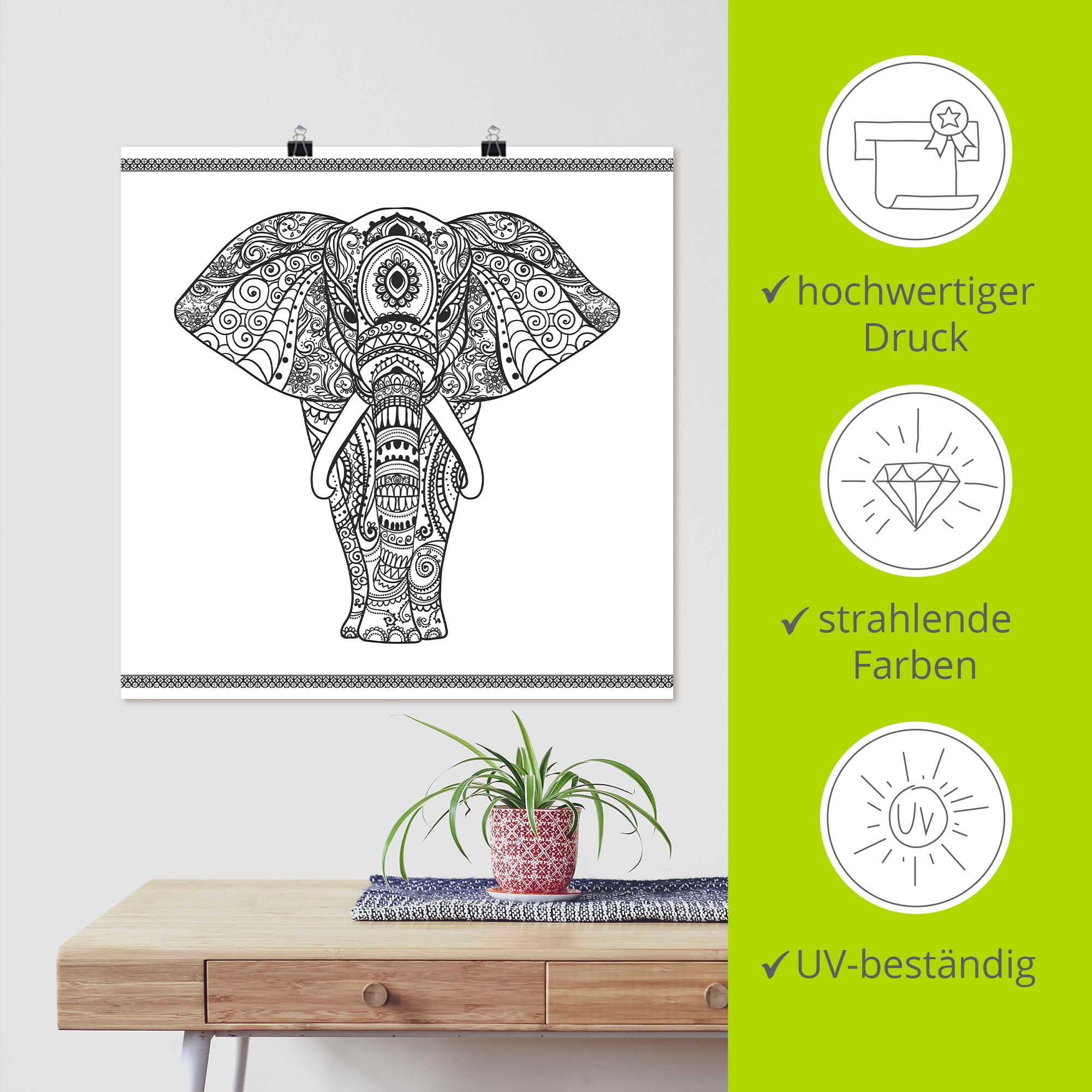 Artland Wandbild »Elefant in Mandala«, Wildtiere, (1 St.), als Leinwandbild, Poster, Wandaufkleber in verschied. Grössen