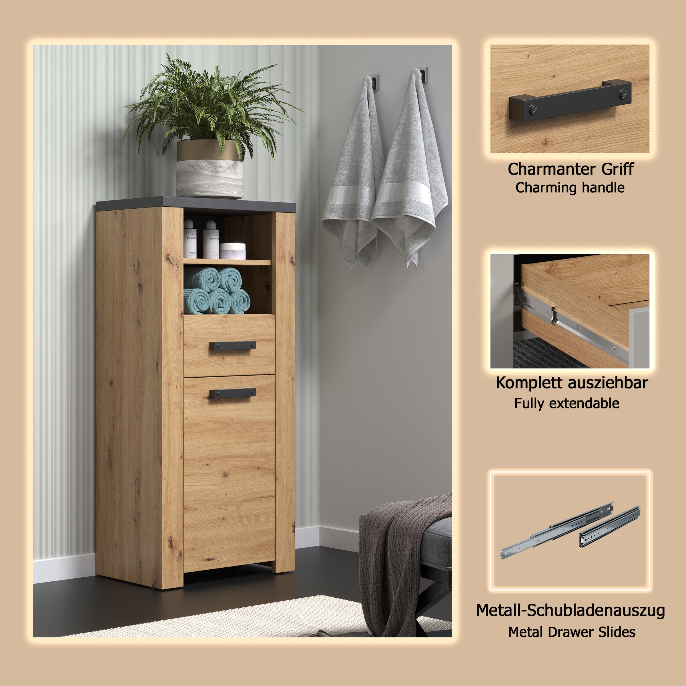 welltime Midischrank »Ambres«, (1 St.), Badschrank in matter Echtholzoptik - Masse (B/T/H) 53/35/118 cm