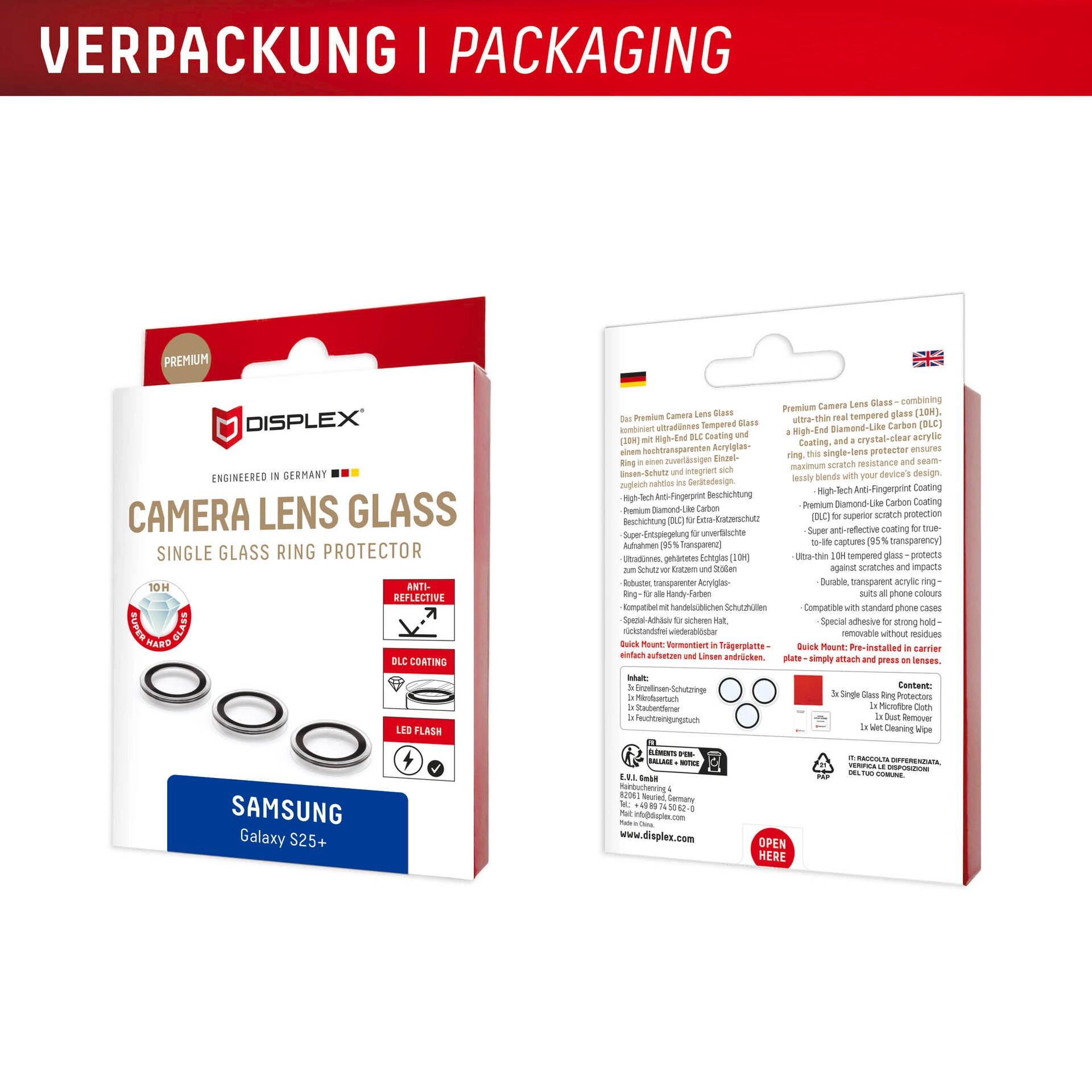 Displex Kameraschutzglas »Camera Lens Glass Single Glass Ring Protector«, für Samsung Galaxy S25+, (Packung, 2x Einzellinsen-Schutzringe), Objektivschutz, Kameraschutz, kratz- & stossfest