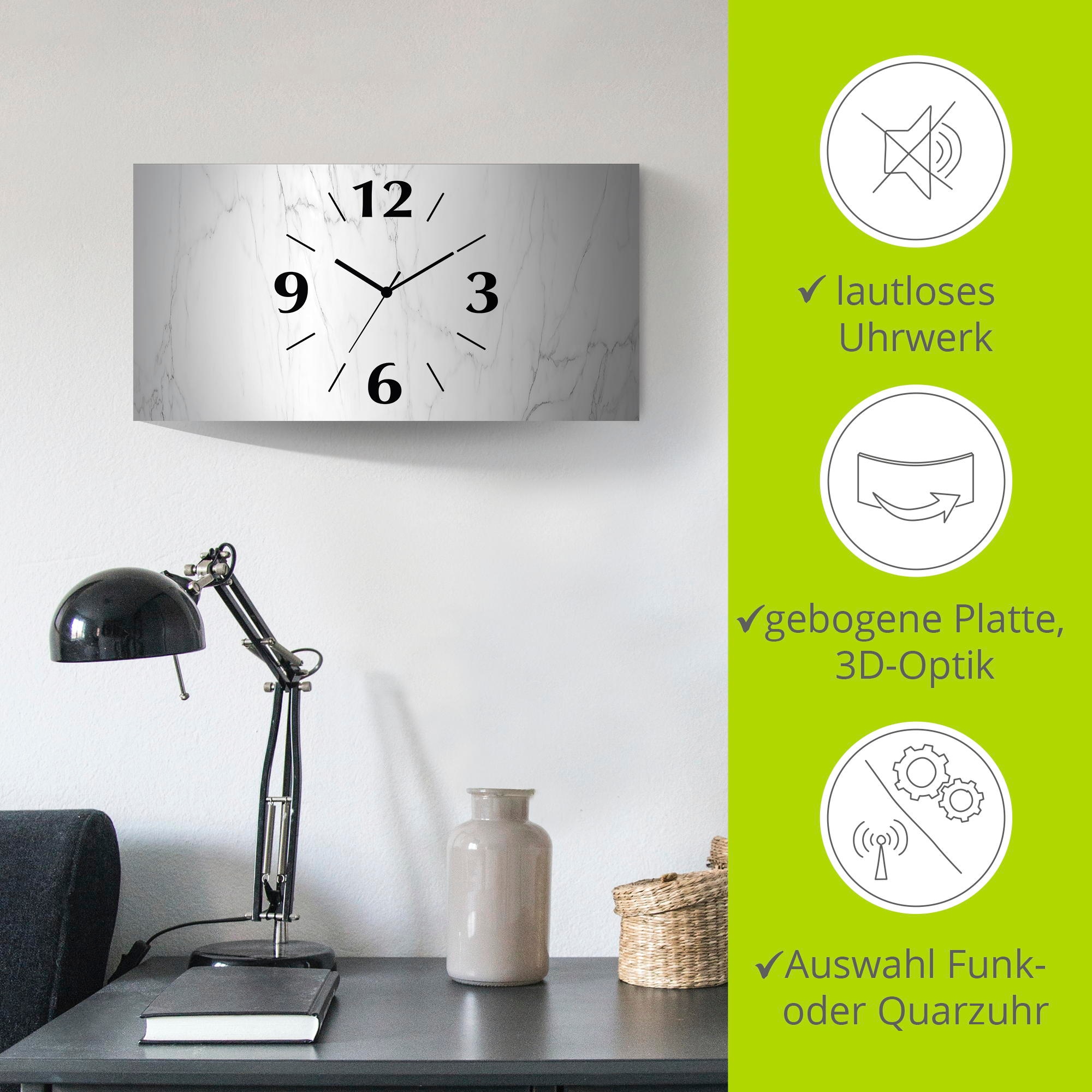 Artland Wanduhr »Weisse Marmor Textur«, 3D Optik gebogen, mit Quarz- oder Funkuhrwerk, versch. Grössen
