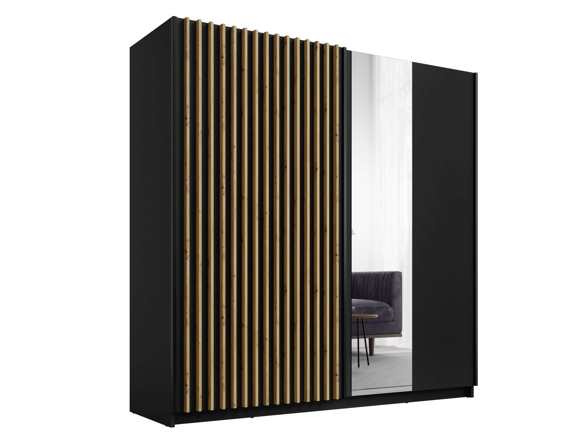 Home affaire Kleiderschrank »Kleiderschrank Camden mit Spiegel, 4 Einlegeböden und Kleiderstange«, Garderobe mit 2 Schwebetüren und Lamellen, BxHxT 200,2x198,5x61,6 cm