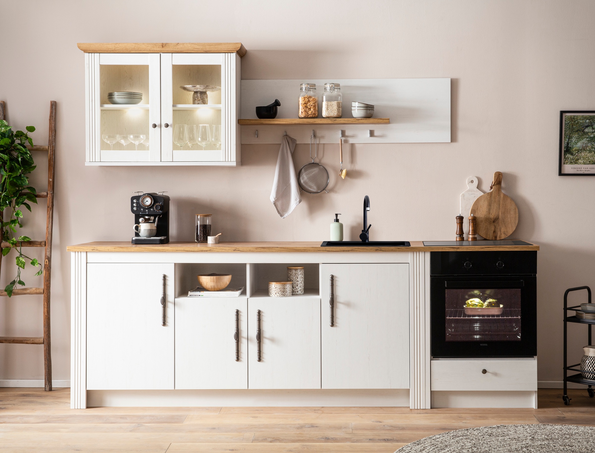 OTTO home Küchenzeile "KS-Westminster, Pantryküche im Landhaus Stil, hochwertige Metallgriffe" Set, Breite 268 cm, Sideboard, Wandpaneel, Hängeschrank und Herdumbau