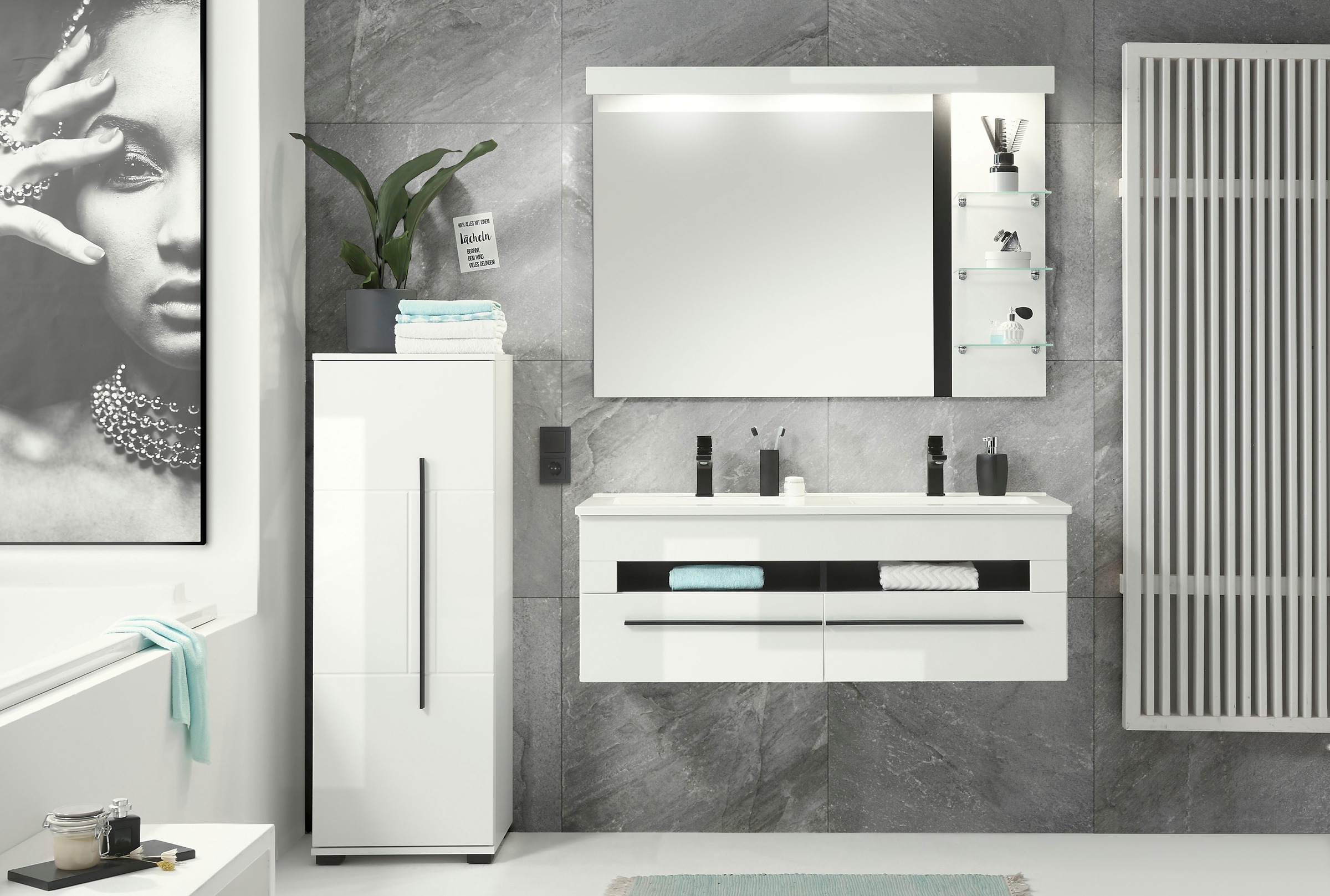 INOSIGN Midischrank »Cantara, Badschrank in Hochglanz Weiss, Schrank im modernen Design«, mit schwarzen Griffen, ausreichend Stauraum