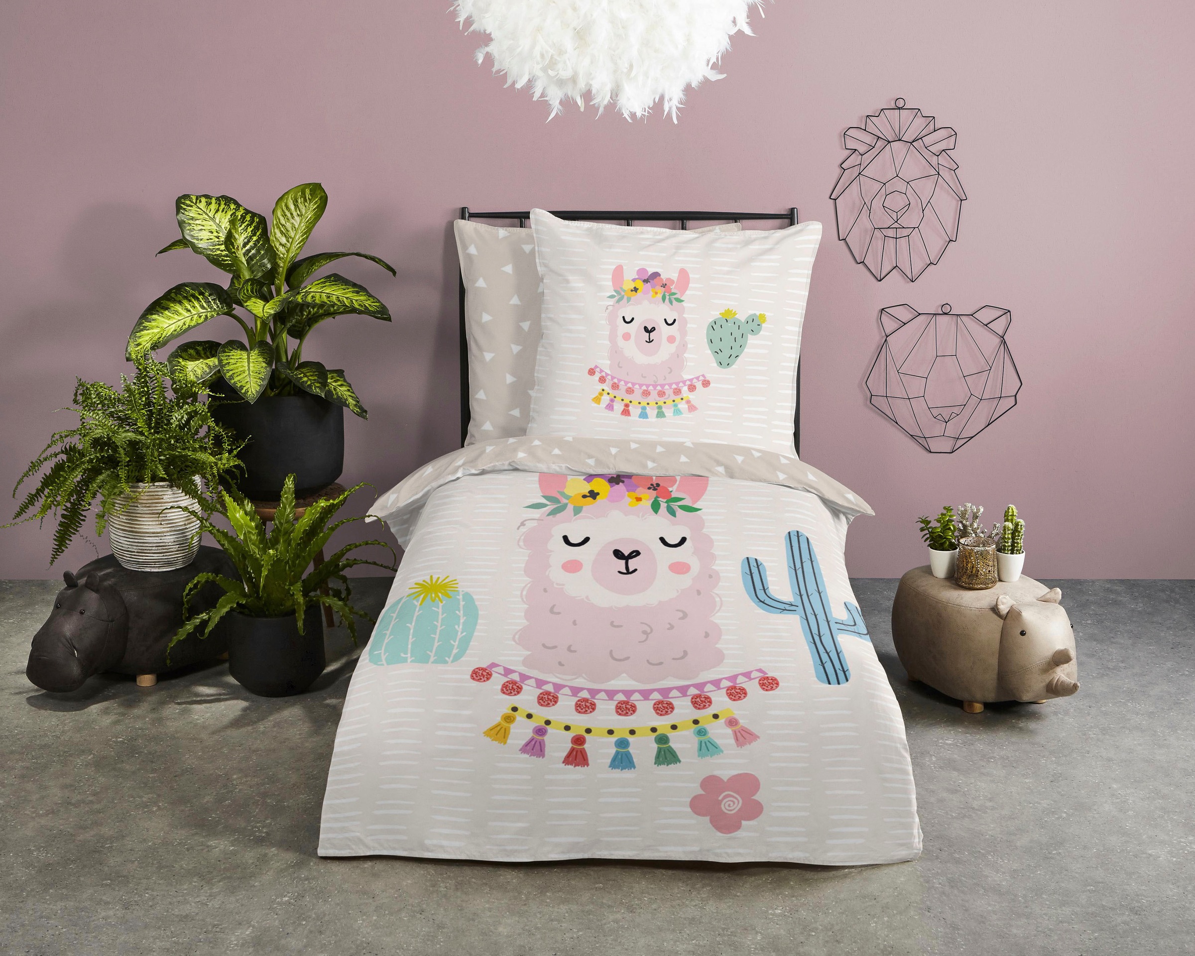 good morning Kinderbettwäsche »Llama«, Baumwolle, 135x200, Reissverschluss, Wendeoptik, Kind, Lama, Mädchen