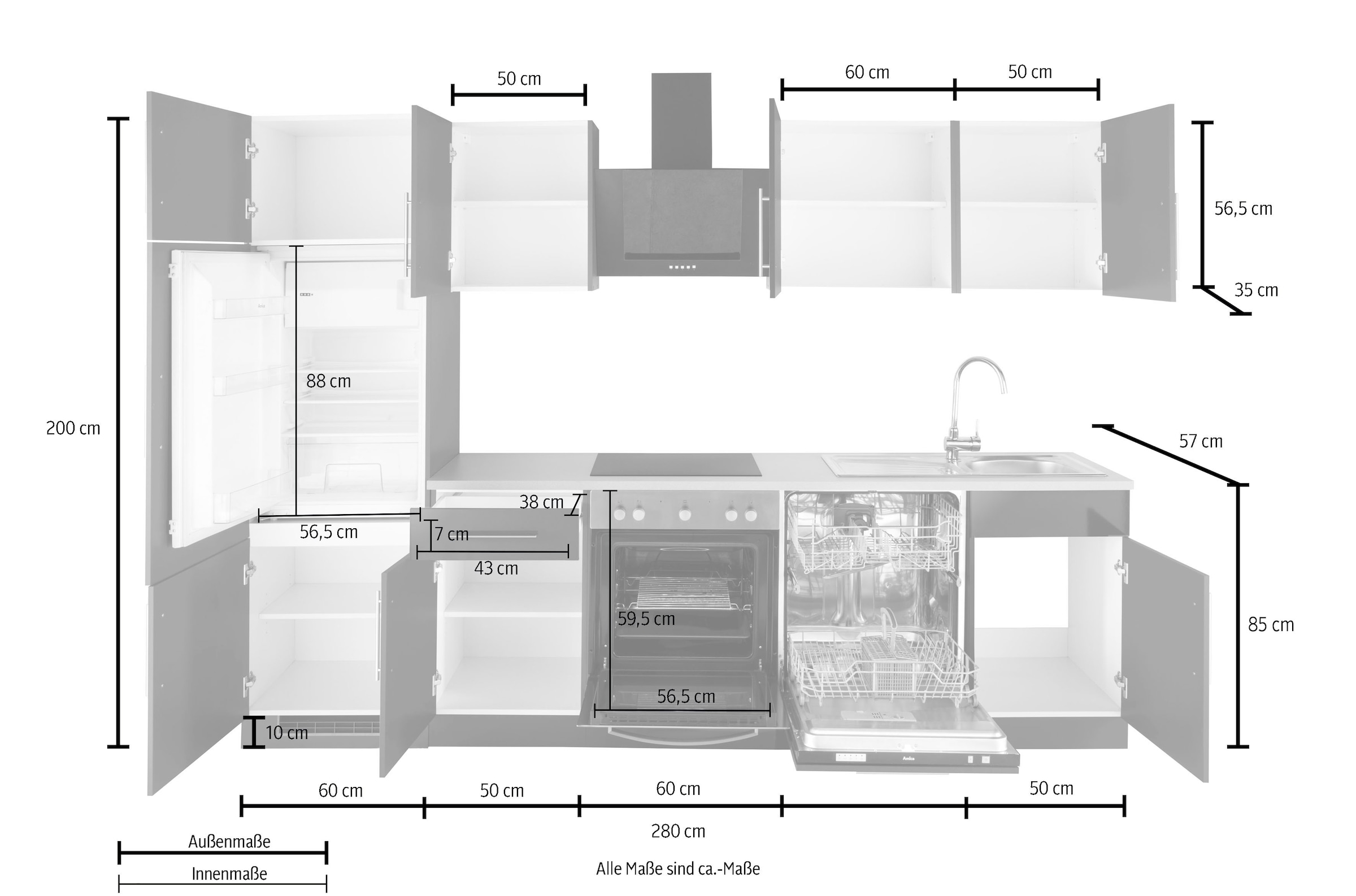 Küchenzeile Shop im Küchen ❤ ohne ordern »Cali«, cm Breite Jelmoli-Online wiho 280 E-Geräte,