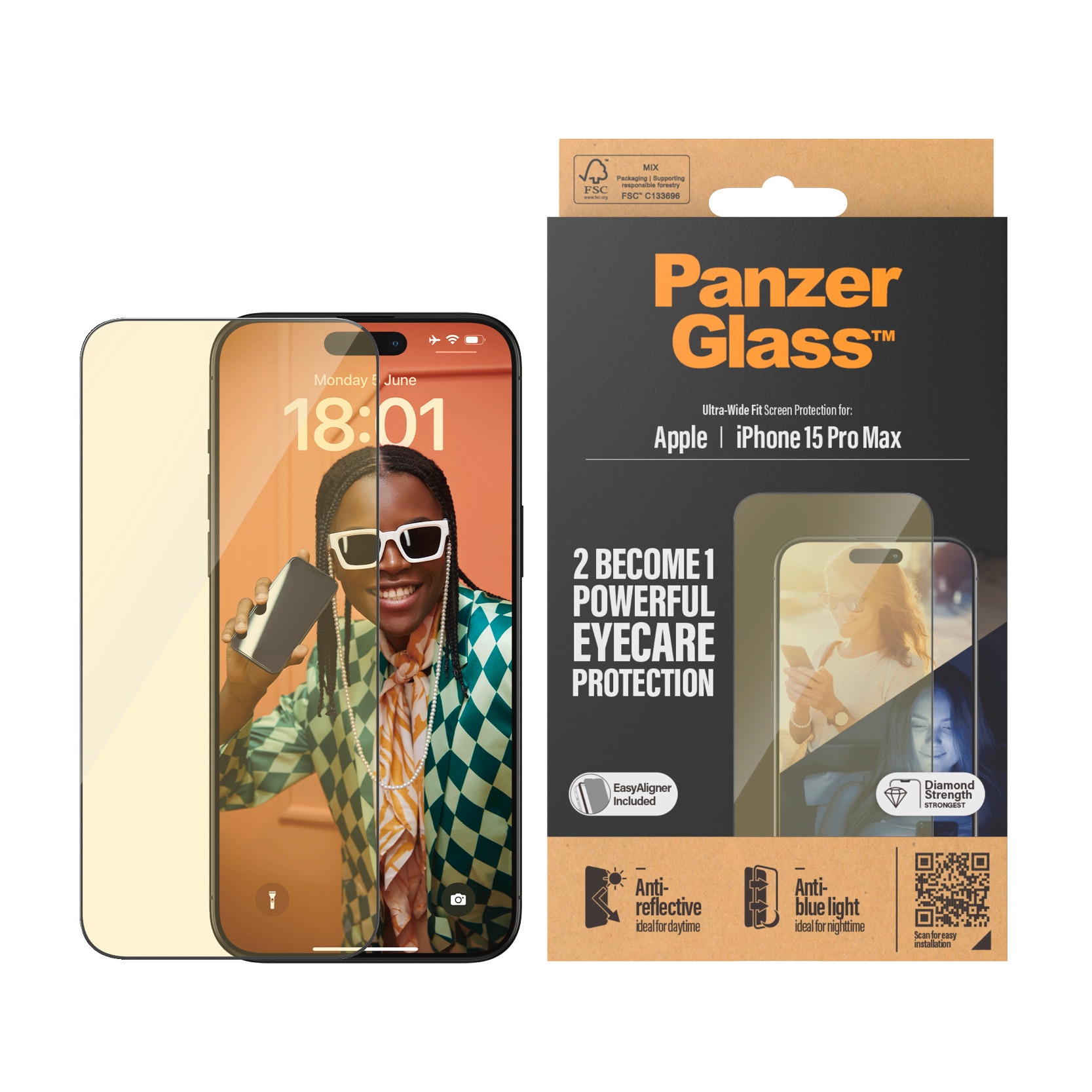 PanzerGlass Displayschutzglas »Eyecare Screen Protector«, für iPhone 15 Pro Max, Ultra Wide Fit