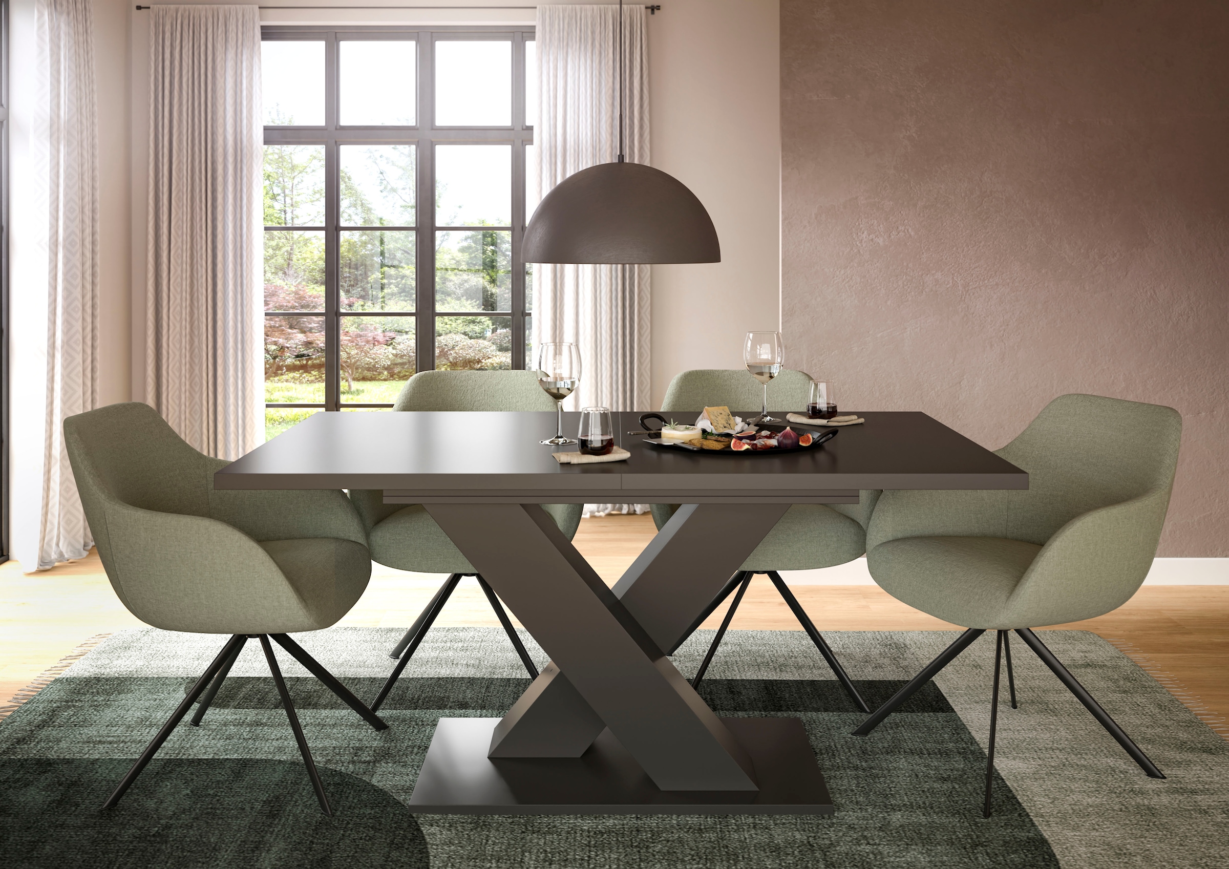 INOSIGN Esstisch »Motus, ausziehbar 150 -190 cm, inklusive 40 cm Einlegeplatte«, (Set, 1 St.), X-Gestell mit Bodenplatte, Tisch, Küchentisch, Esszimmer, Küche