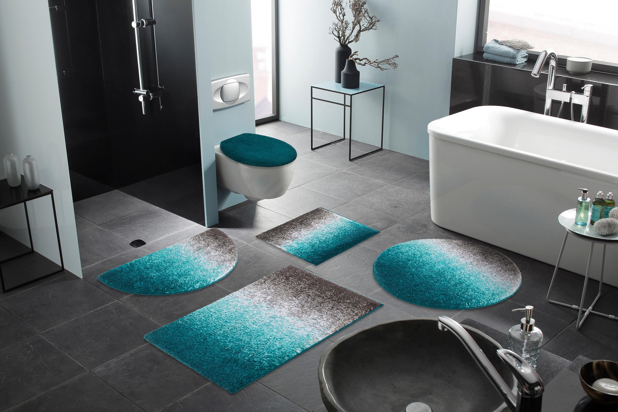 my home Badematte »Elif, Badvorleger, Badezimmer Teppich«, rutschhemmend beschichtet, fussbodenheizungsgeeignet-schnell trocknend-strapazierfähig, Ombré-Look, Badteppich, Badematten auch als 3 teiliges Set erhältlich